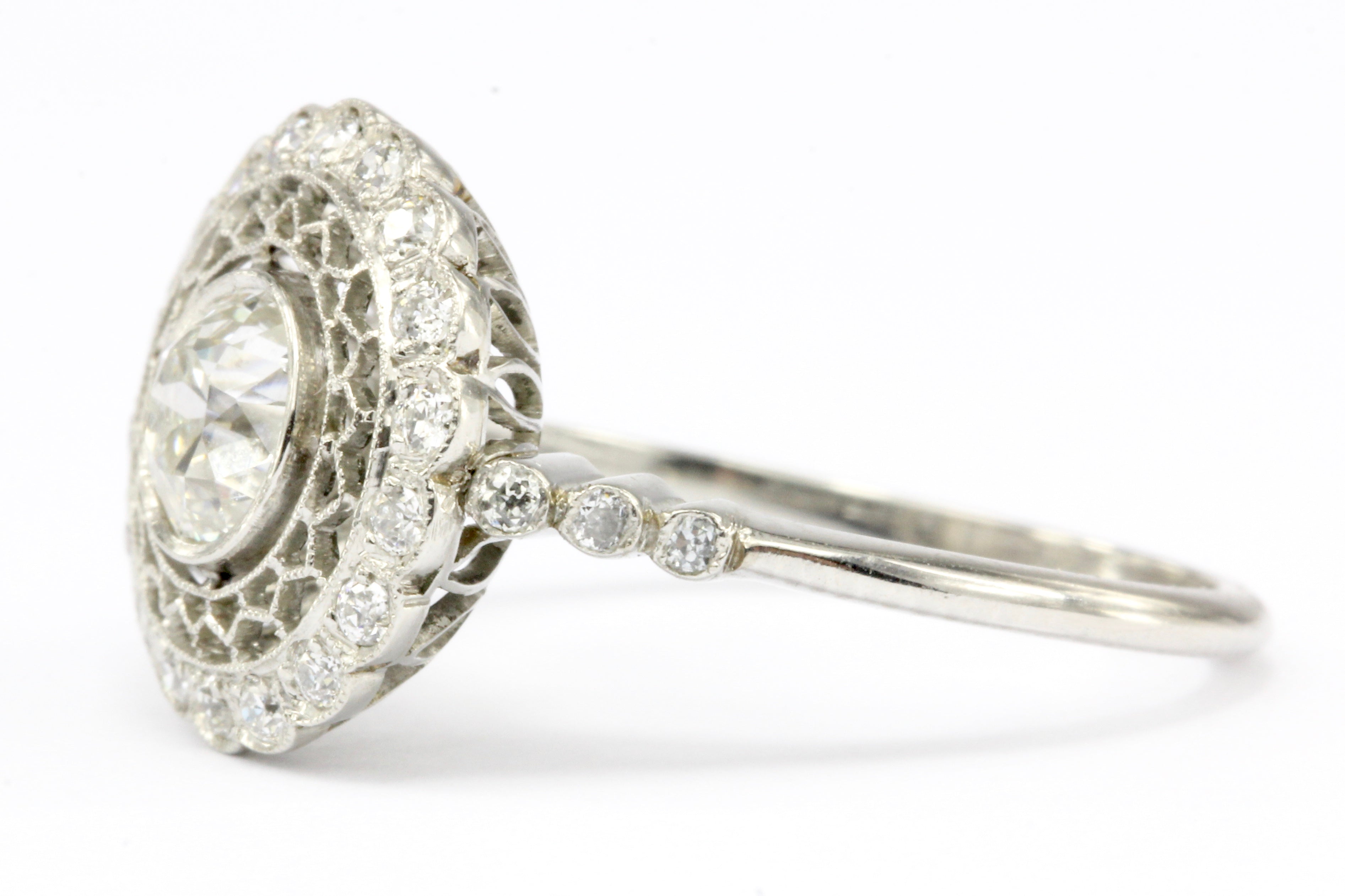 Edwardian Style Handmade Platinum Old European Cut Diamond Halo Ring Size 6.5 - Queen May