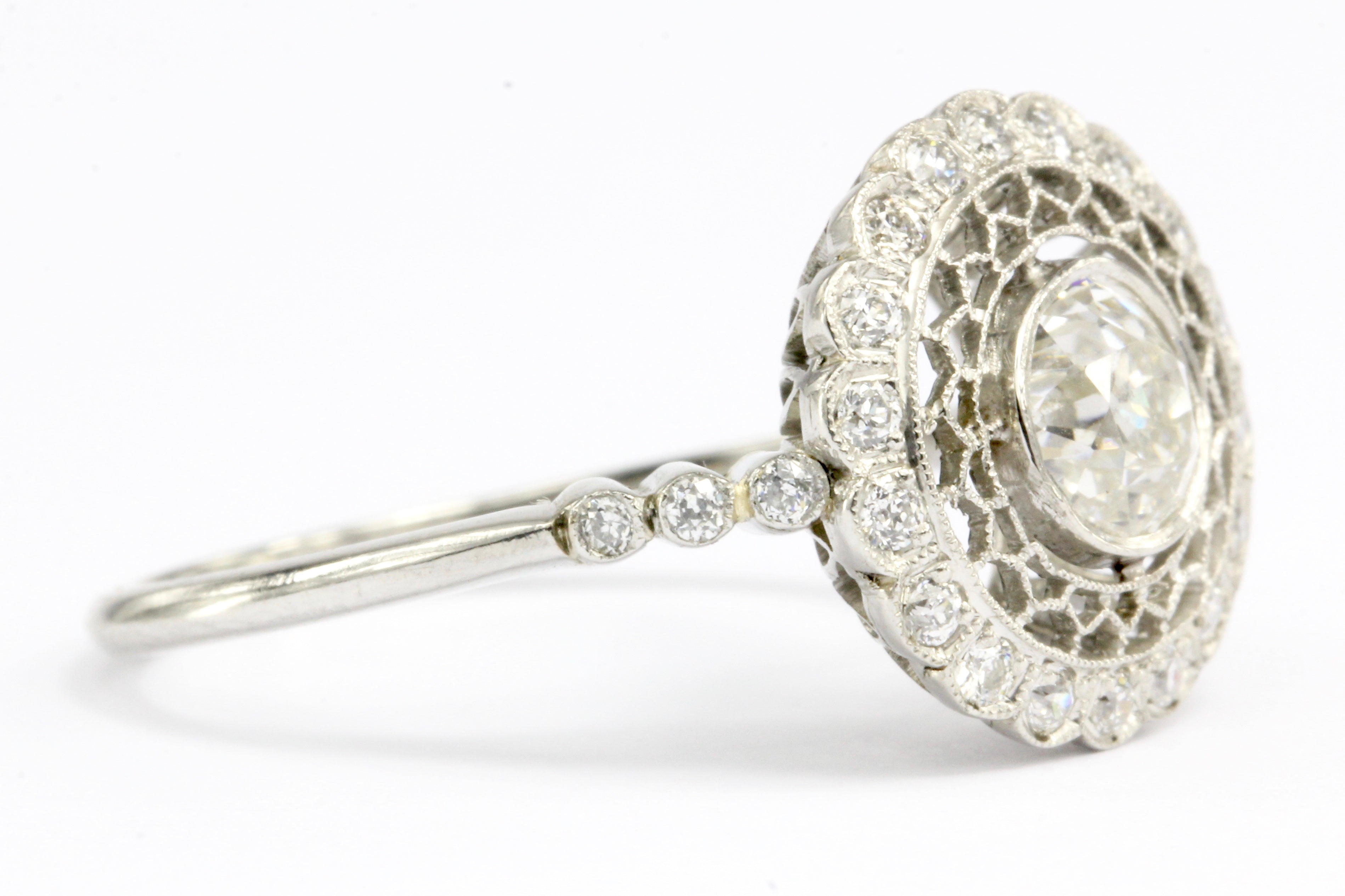 Edwardian Style Handmade Platinum Old European Cut Diamond Halo Ring Size 6.5 - Queen May
