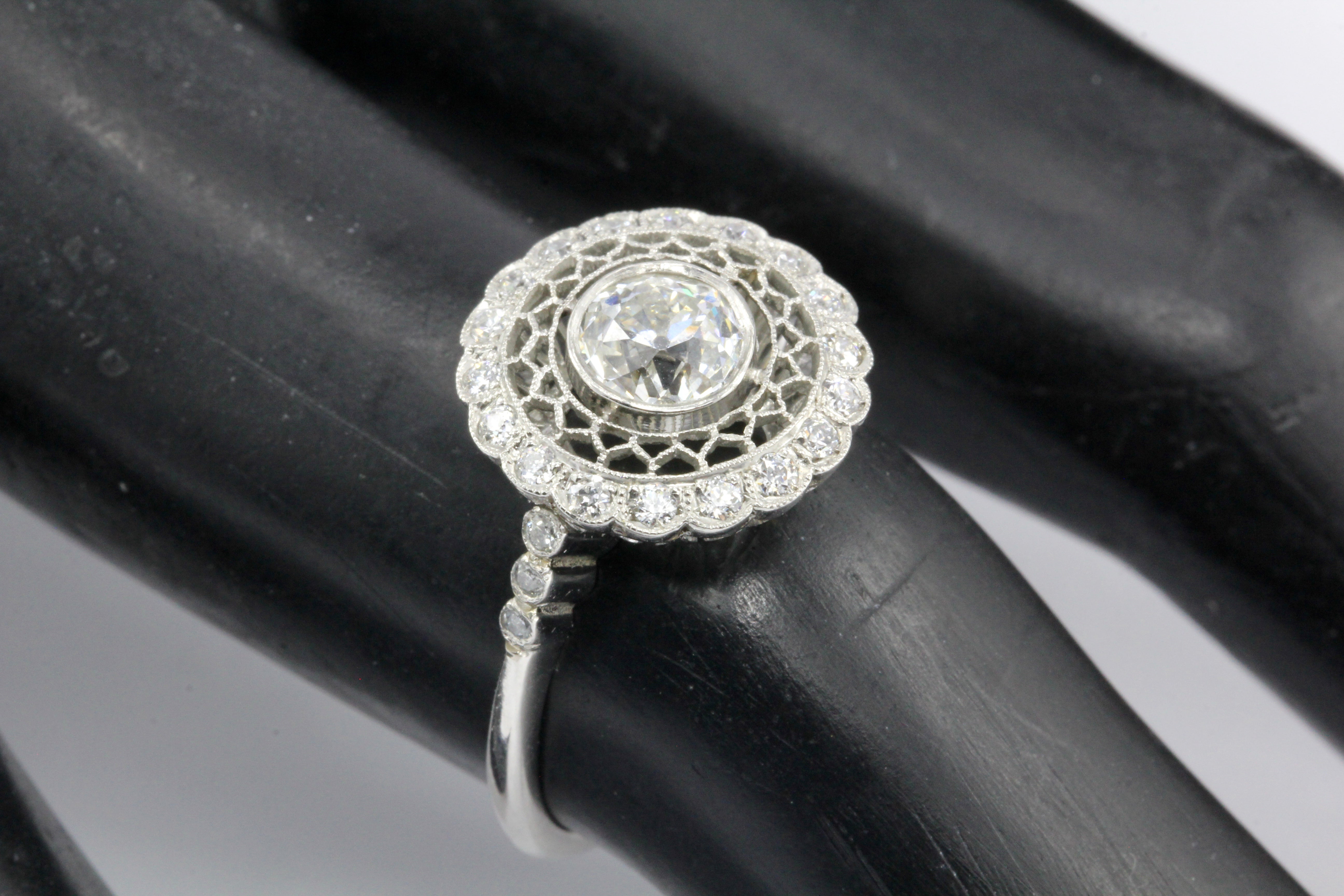 Edwardian Style Handmade Platinum Old European Cut Diamond Halo Ring Size 6.5 - Queen May