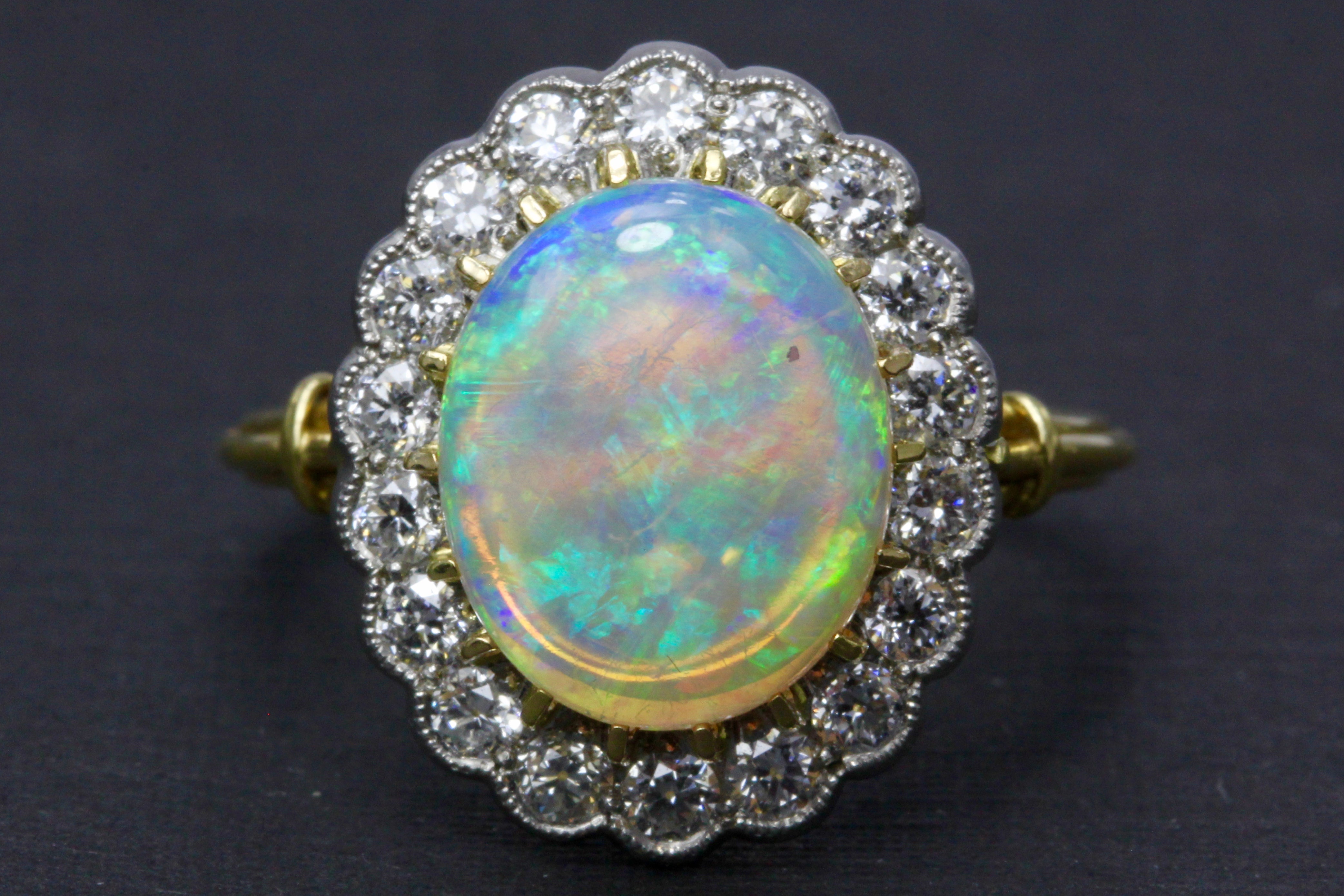 Victorian Revival 18K White Gold and Platinum Opal and Diamond Halo Ring - Queen May