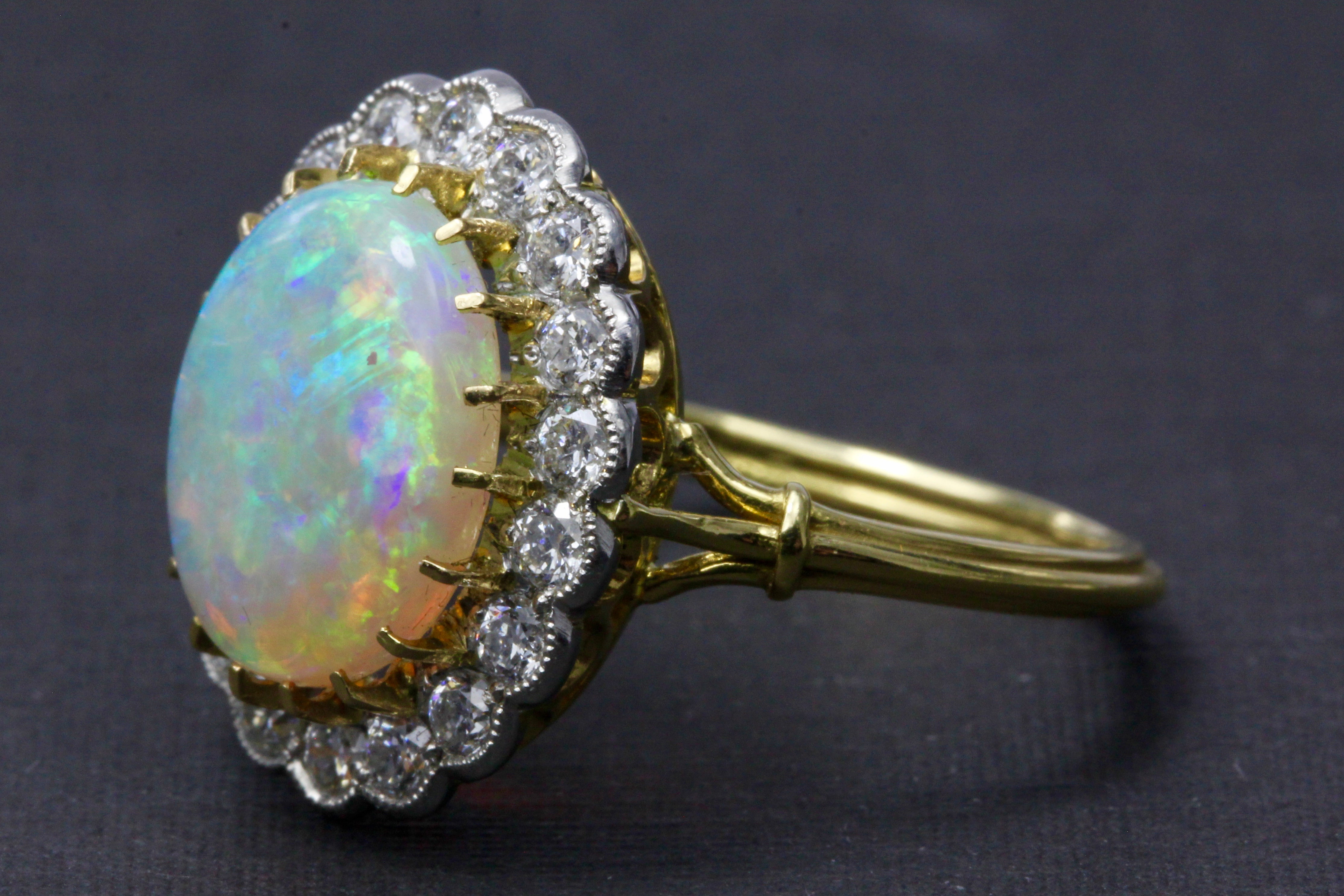 Victorian Revival 18K White Gold and Platinum Opal and Diamond Halo Ring - Queen May