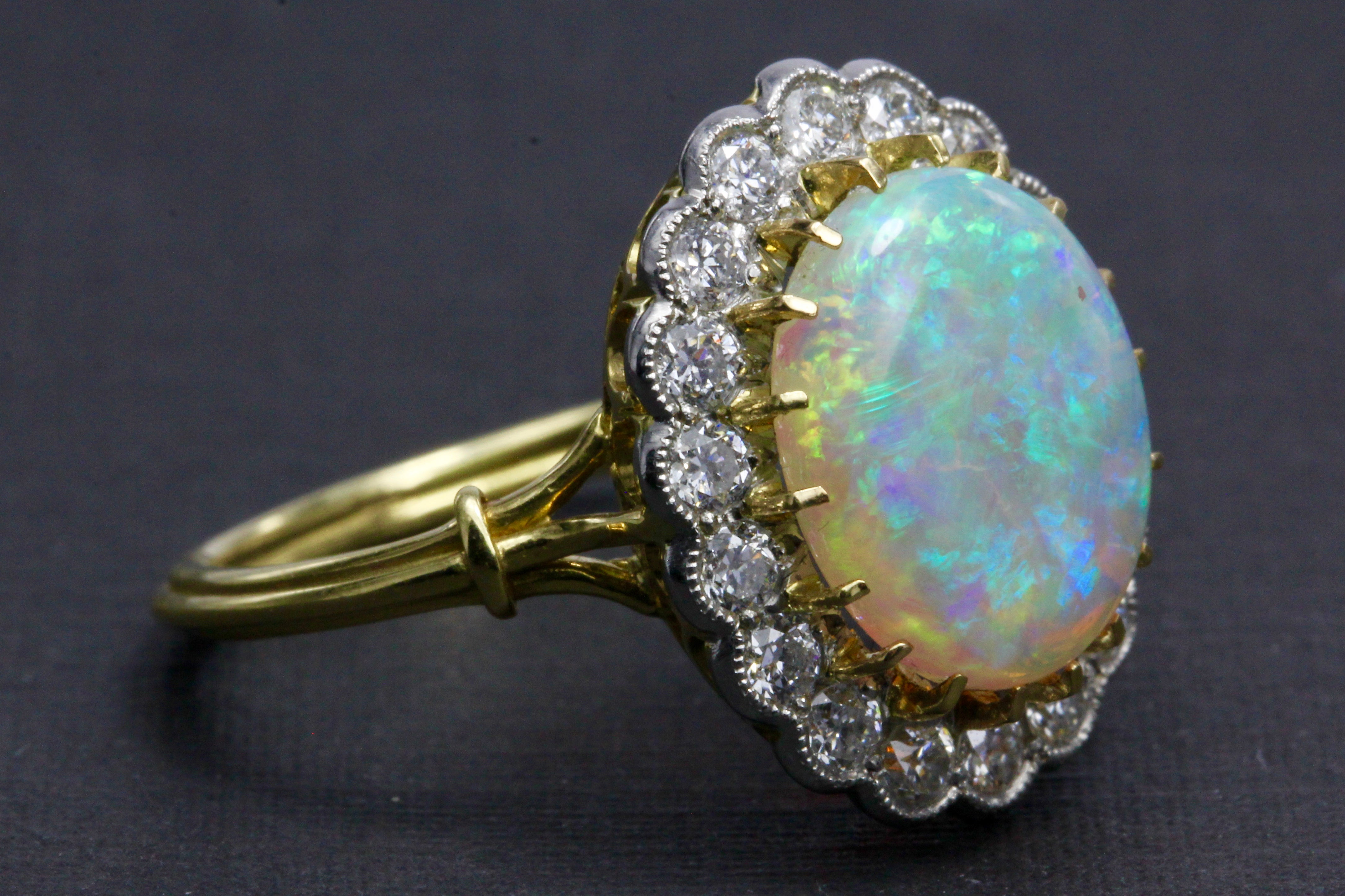 Victorian Revival 18K White Gold and Platinum Opal and Diamond Halo Ring - Queen May