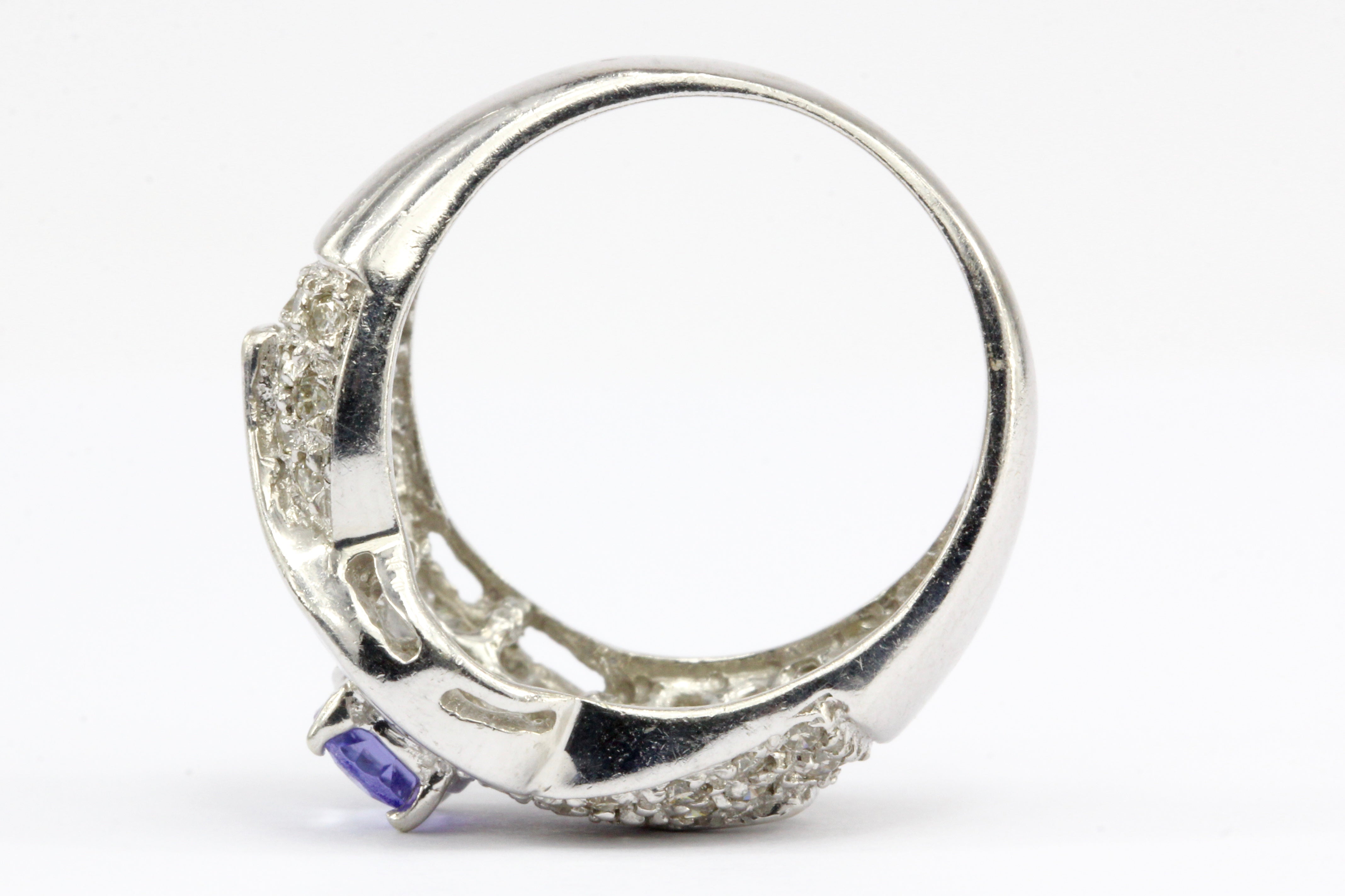 14K White Gold Tanzanite and Diamond Cocktail Ring Size 5.25 - Queen May