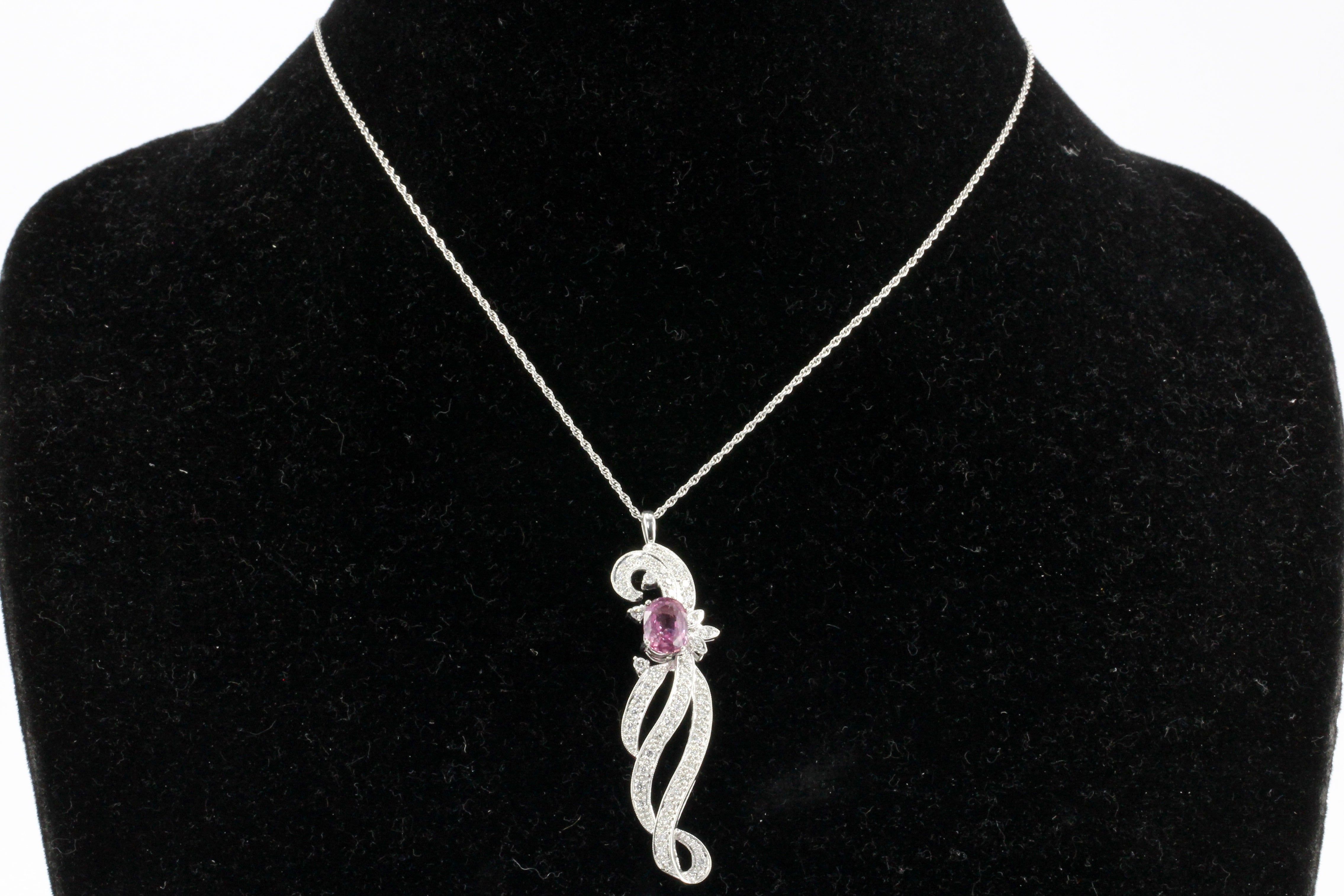 Retro Natural Ceylon Pink Sapphire and Diamond Pendant Necklace - Queen May
