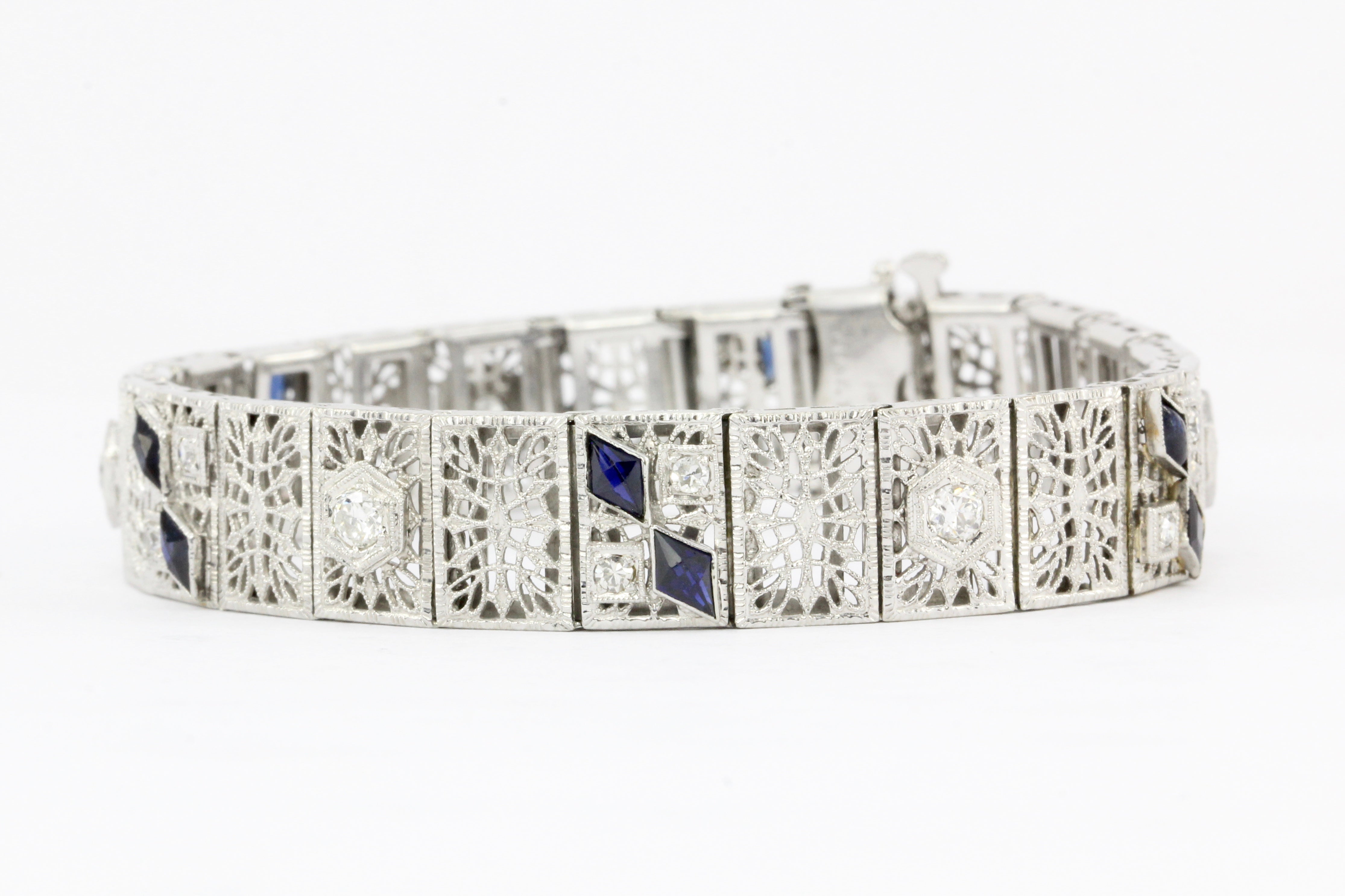 14K White Gold & Platinum Sapphire and .75 CTW Diamond Art Deco Filigree Bracelet - Queen May