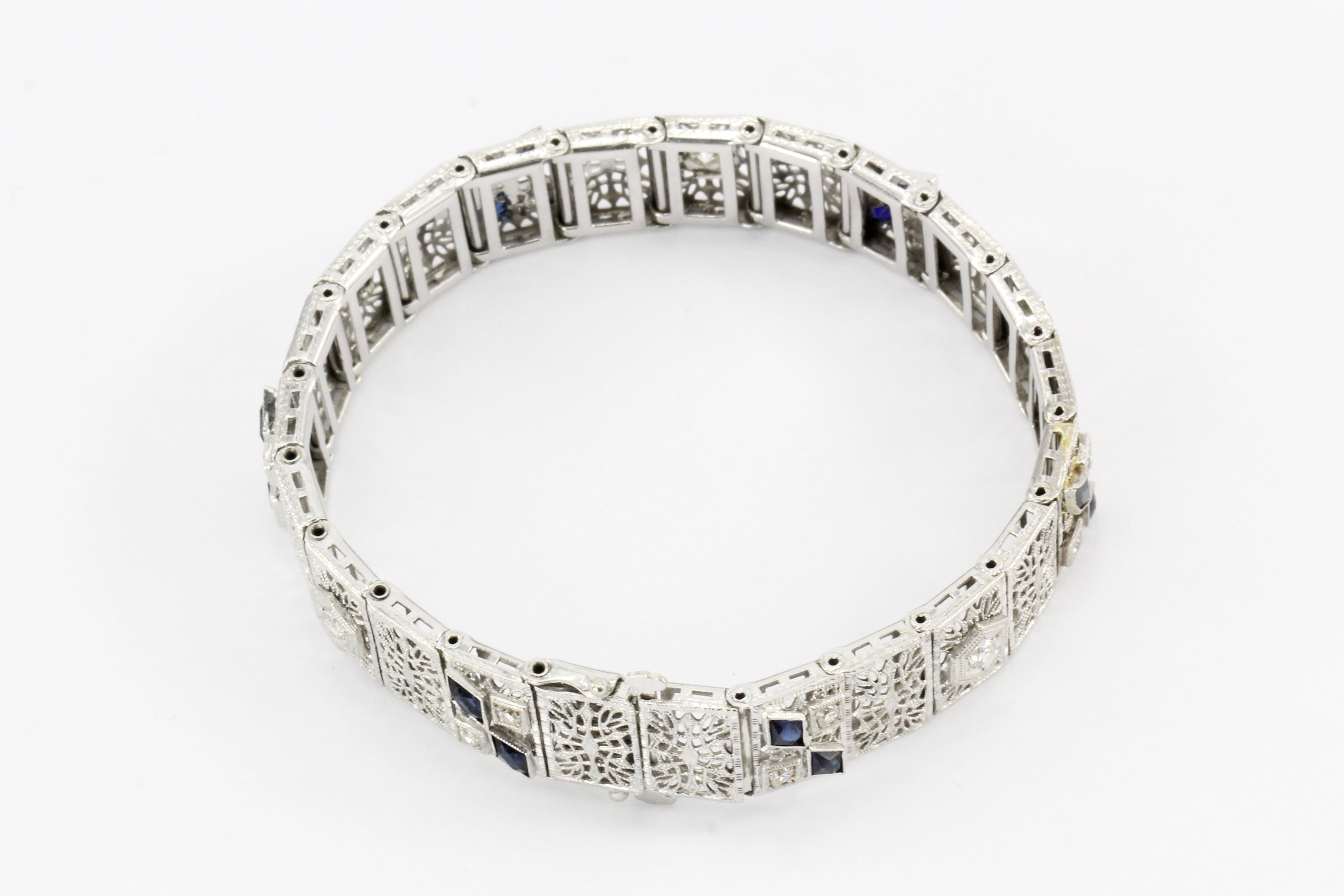 14K White Gold & Platinum Sapphire and .75 CTW Diamond Art Deco Filigree Bracelet - Queen May