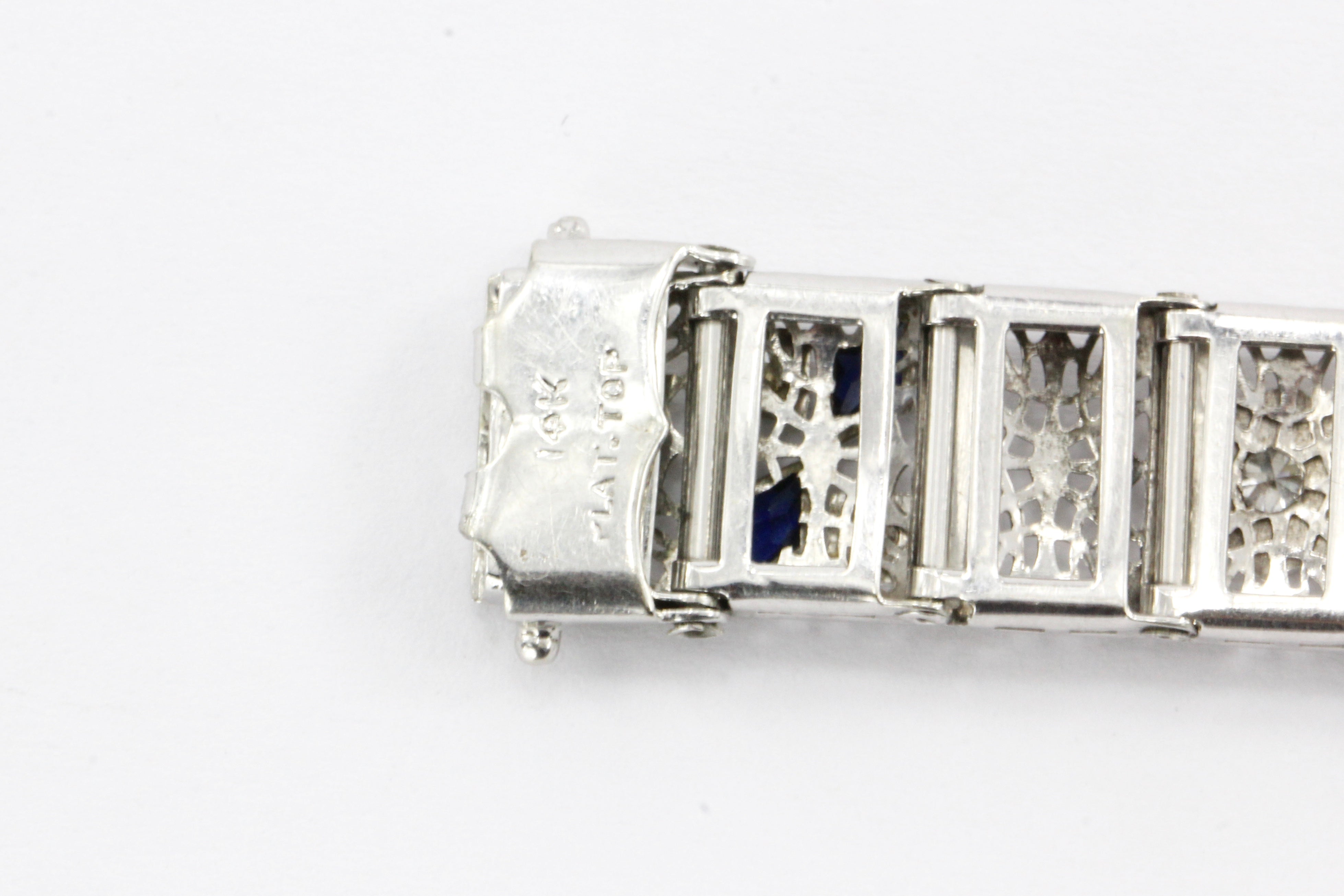 14K White Gold & Platinum Sapphire and .75 CTW Diamond Art Deco Filigree Bracelet - Queen May