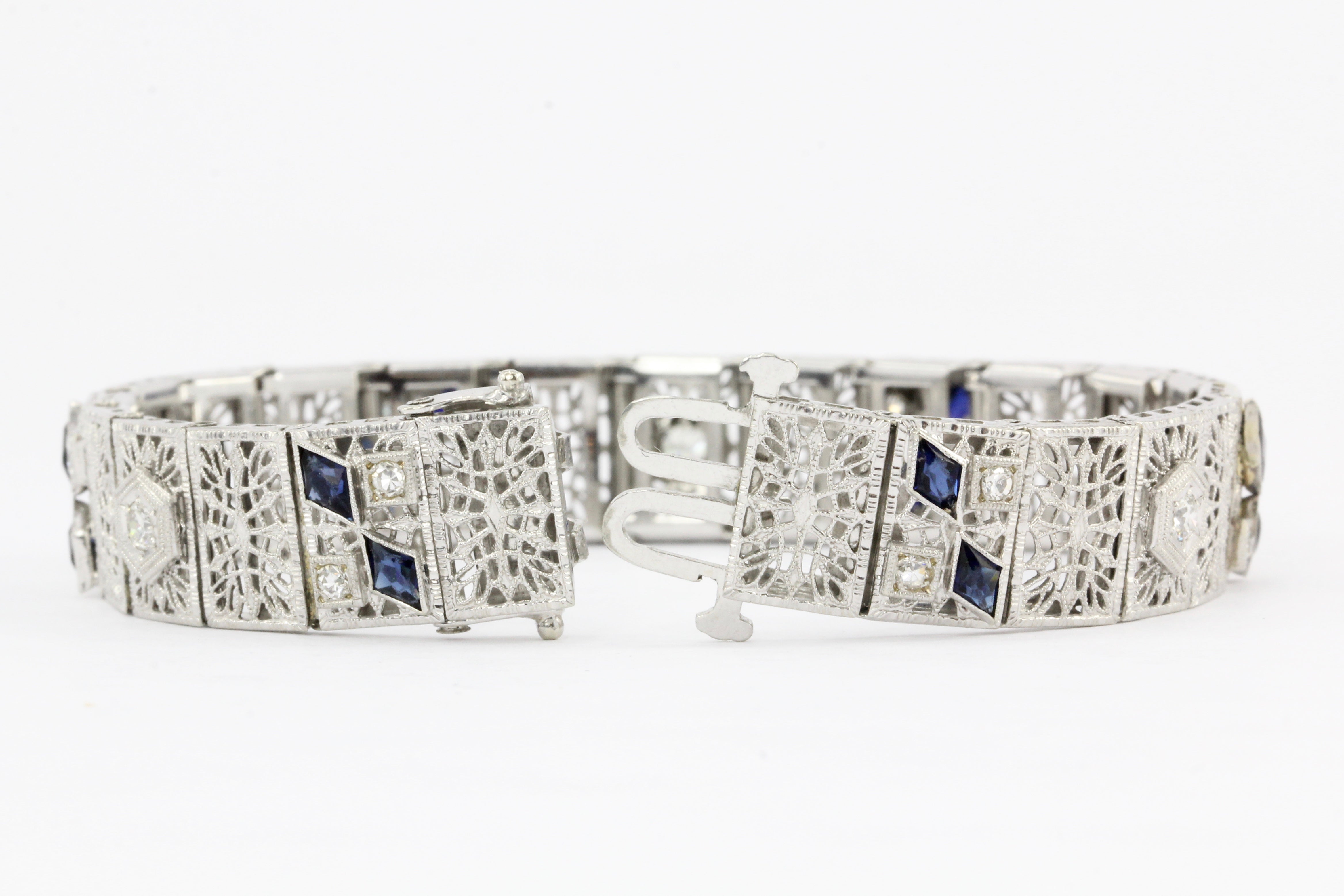 14K White Gold & Platinum Sapphire and .75 CTW Diamond Art Deco Filigree Bracelet - Queen May