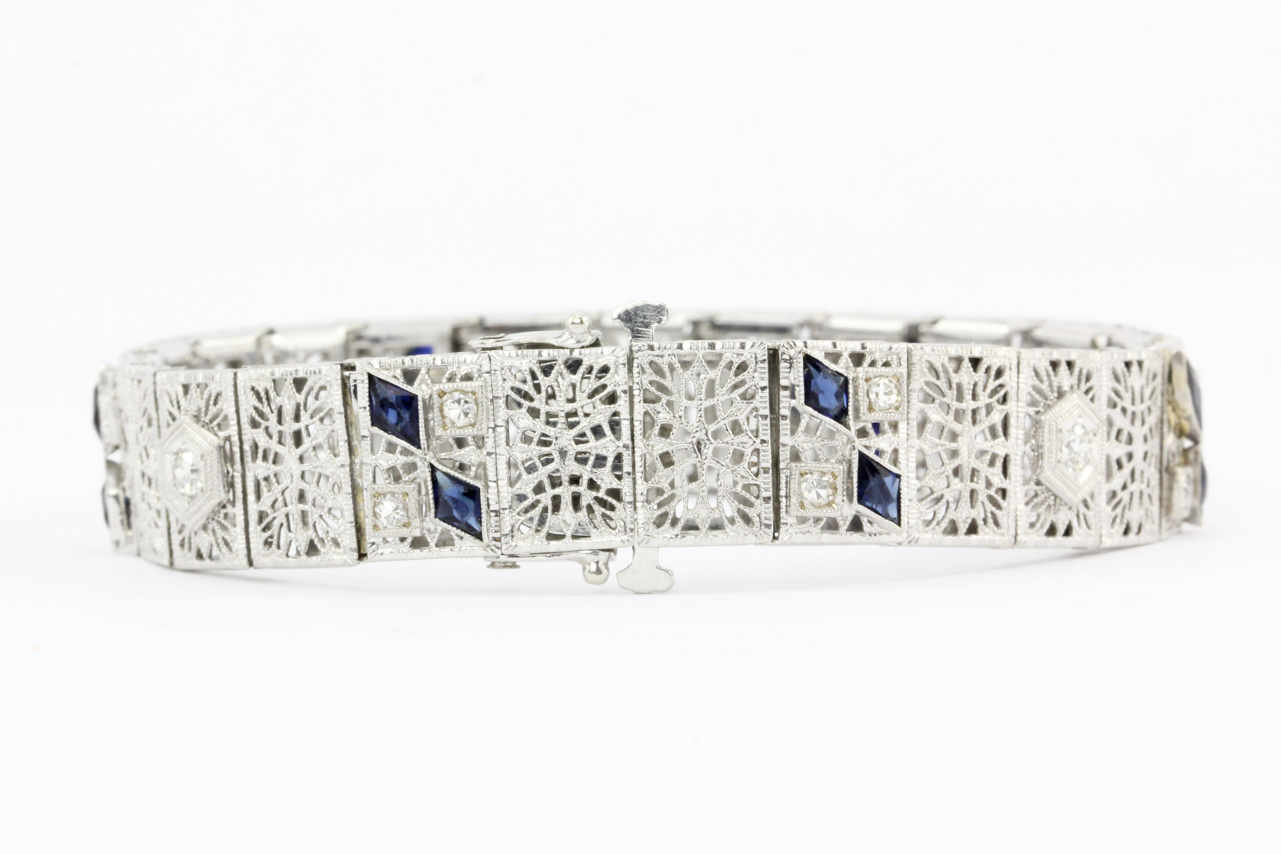 14K White Gold & Platinum Sapphire and .75 CTW Diamond Art Deco Filigree Bracelet - Queen May