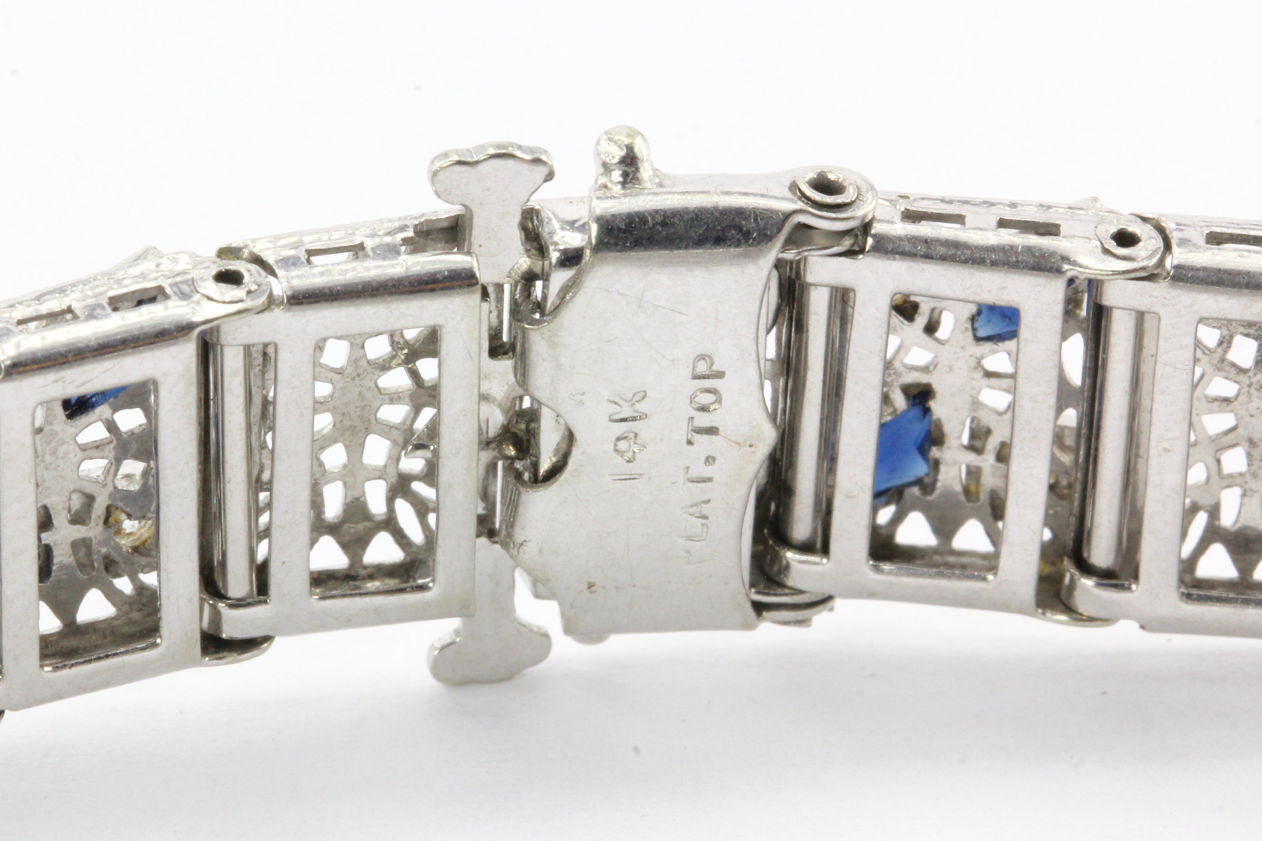14K White Gold & Platinum Sapphire and .75 CTW Diamond Art Deco Filigree Bracelet - Queen May