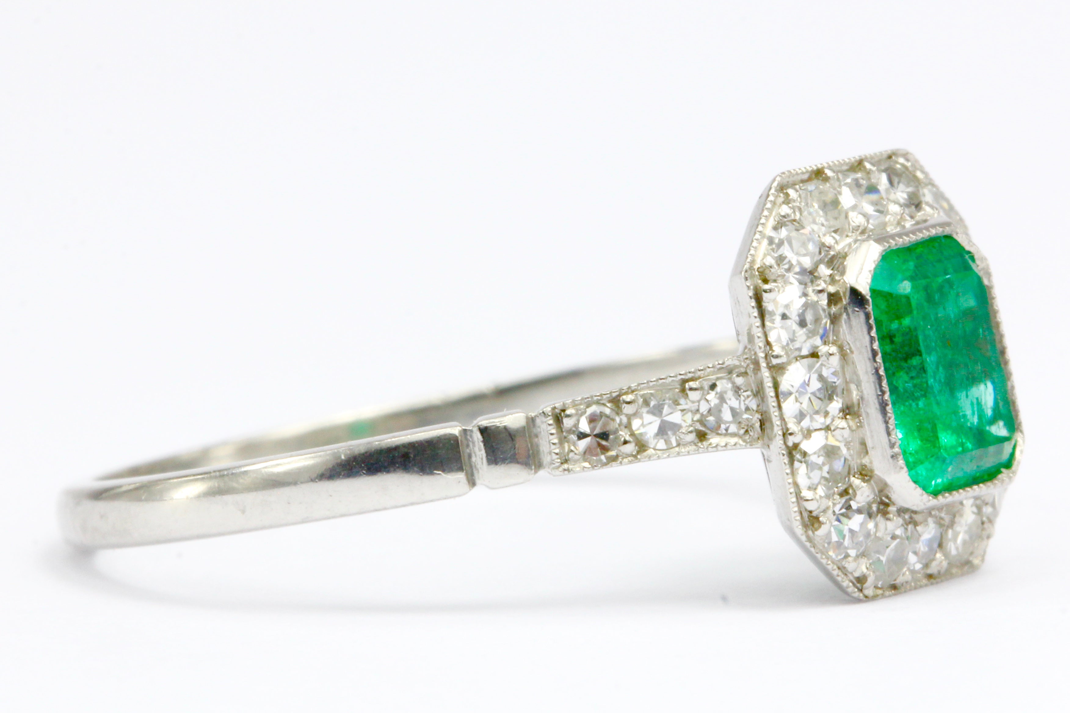 Art Deco Style Platinum .65 CT Emerald Diamond Ring Size 7.25 - Queen May