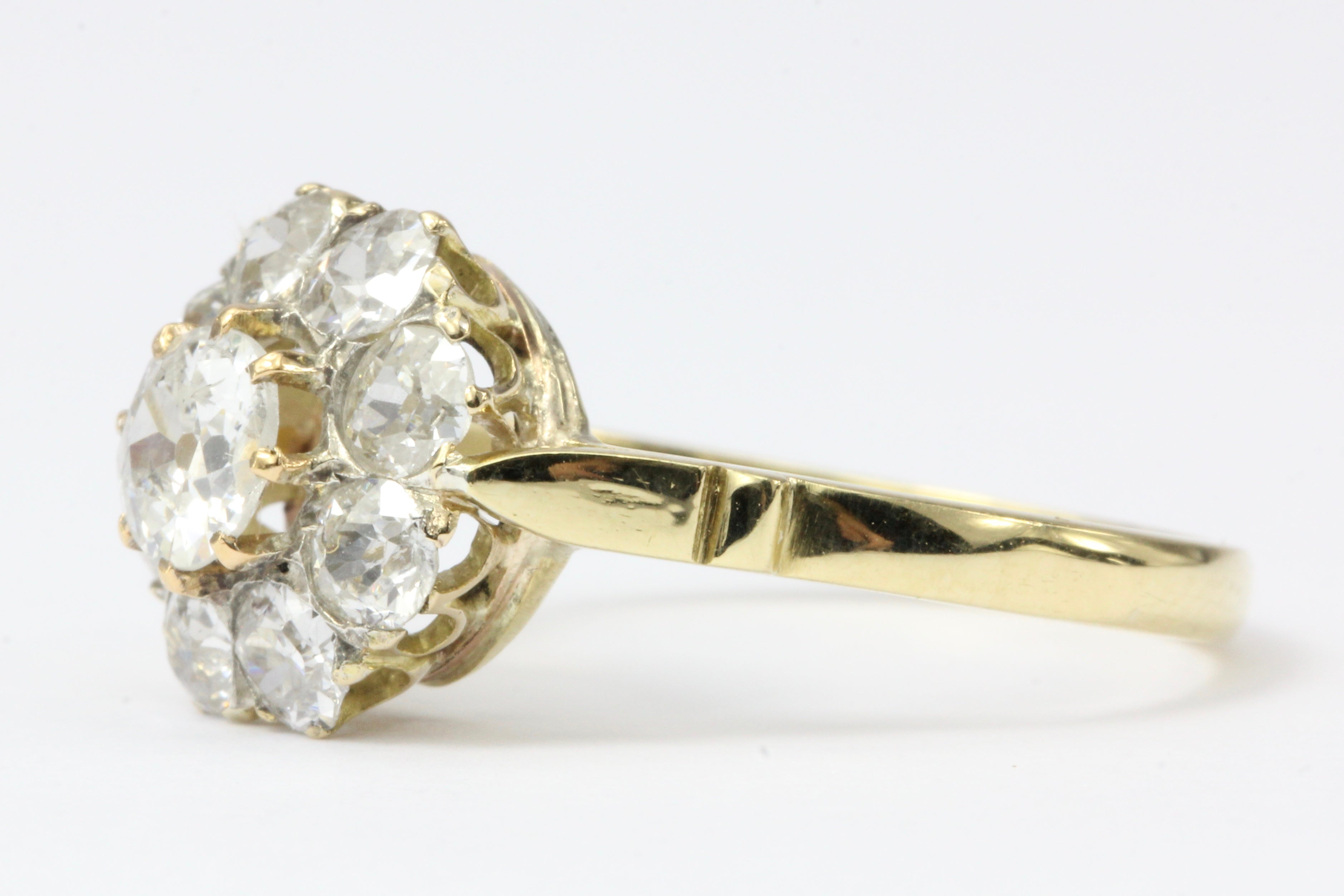 Victorian 18K Yellow Gold Diamond Flower Cluster Ring 1.22 CTW Size 6 - Queen May