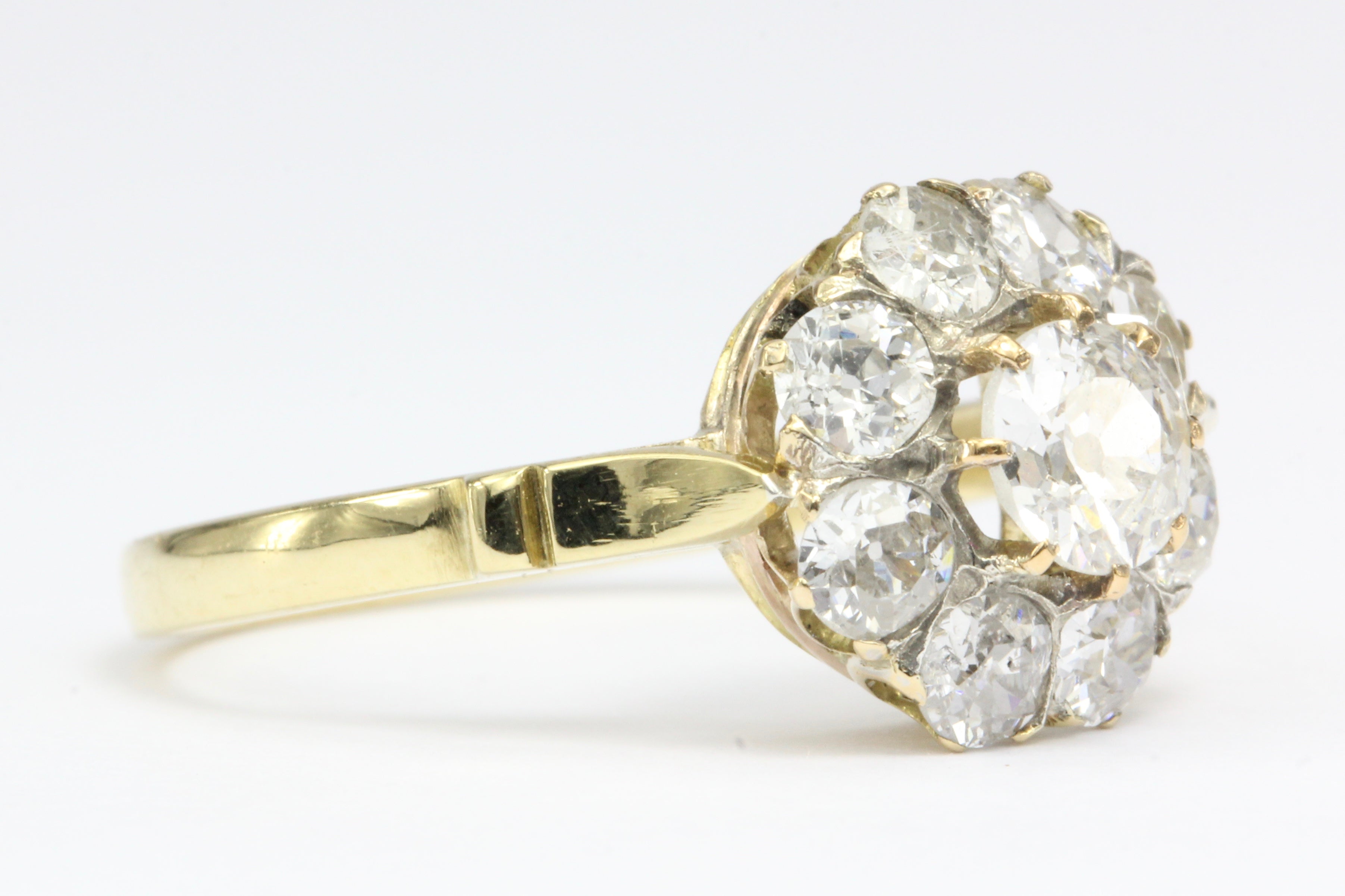 Victorian 18K Yellow Gold Diamond Flower Cluster Ring 1.22 CTW Size 6 - Queen May