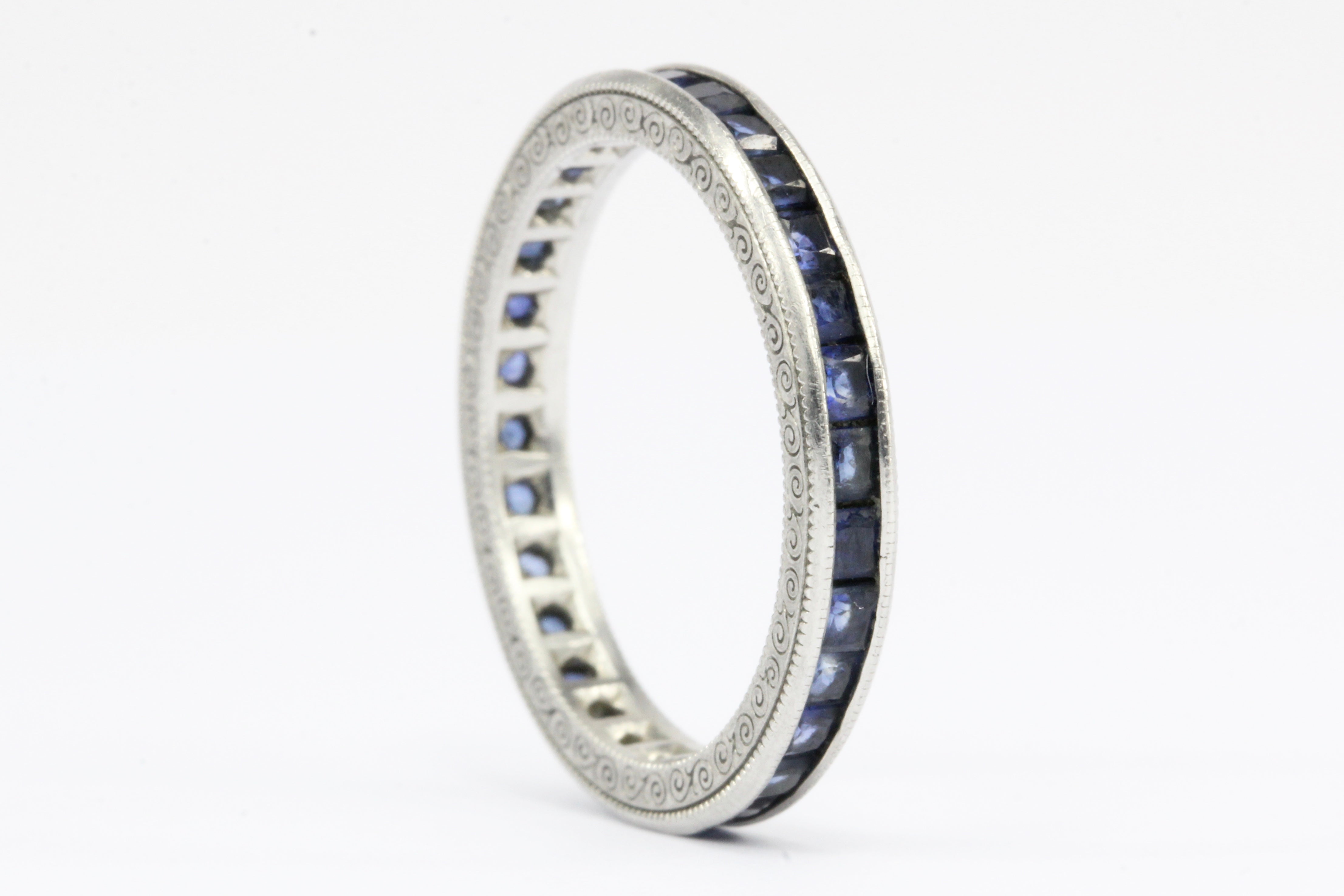 Rare Art Deco Platinum 1 CTW Natural Sapphire Band Engraved Size 6.5 - Queen May