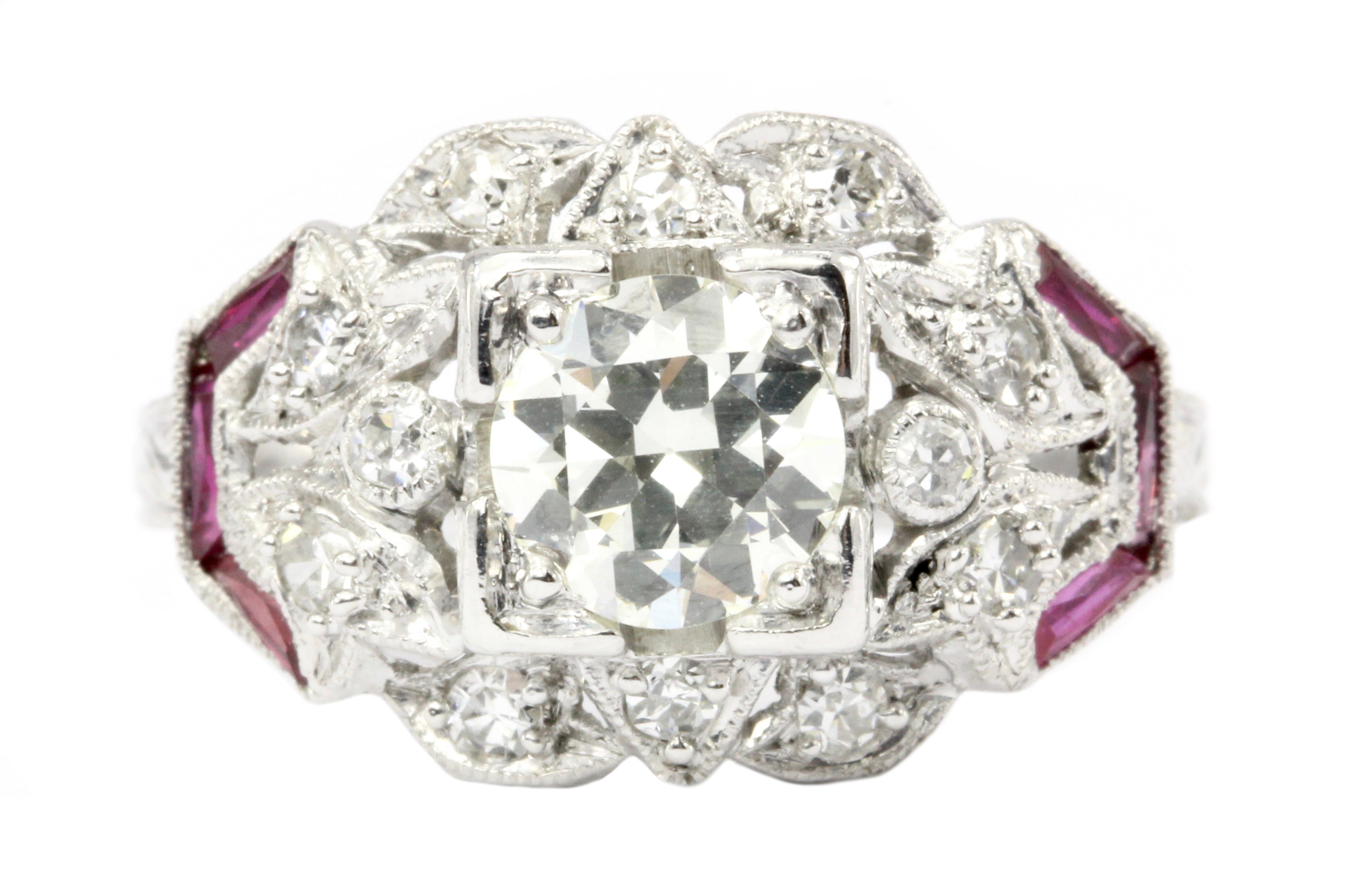 Art Deco Platinum Diamond and French Cut Ruby Ring c.1920 - Queen May