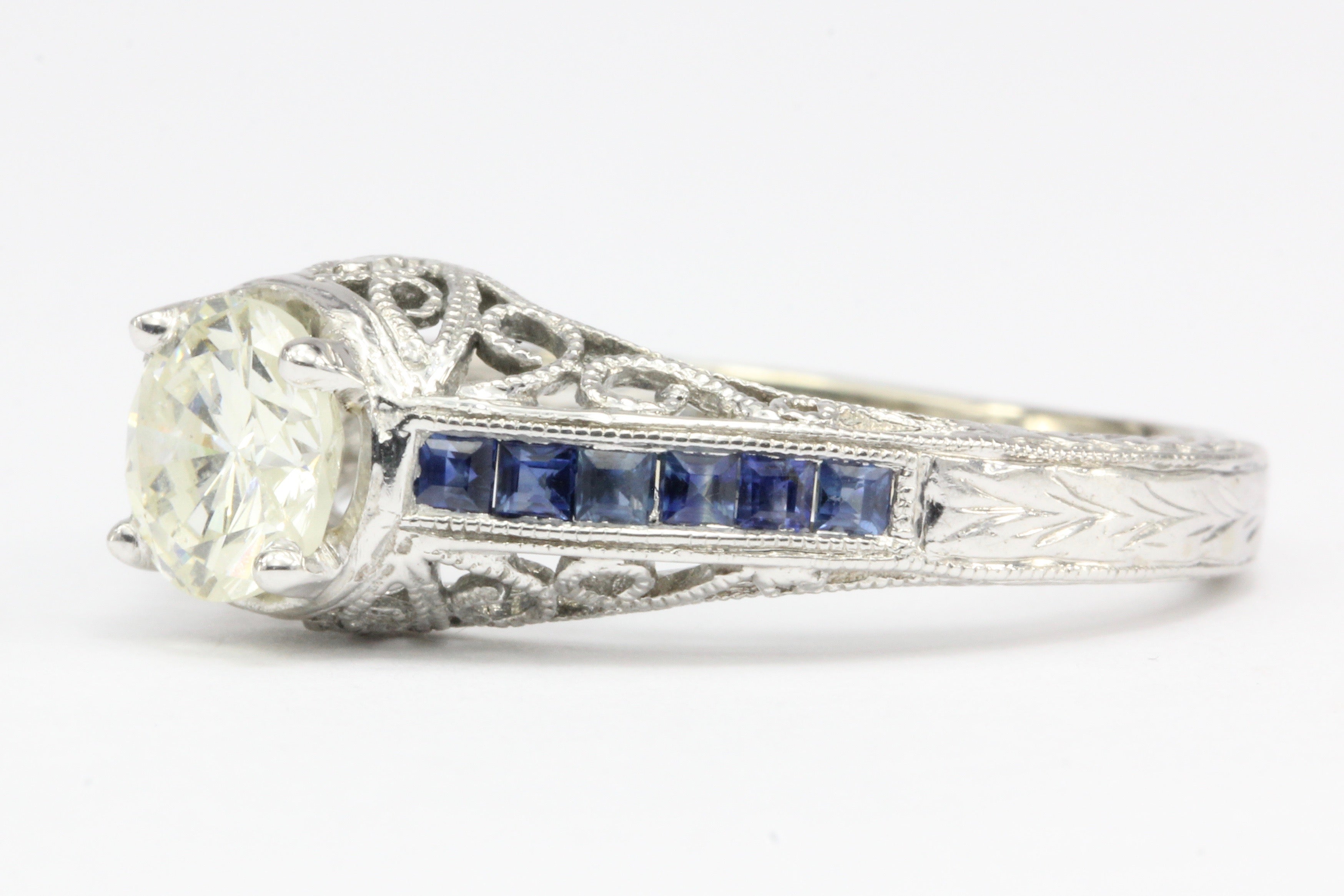 Art Deco Style 14K White Gold 1 Carat Diamond and Sapphire Ring Size 7 - Queen May
