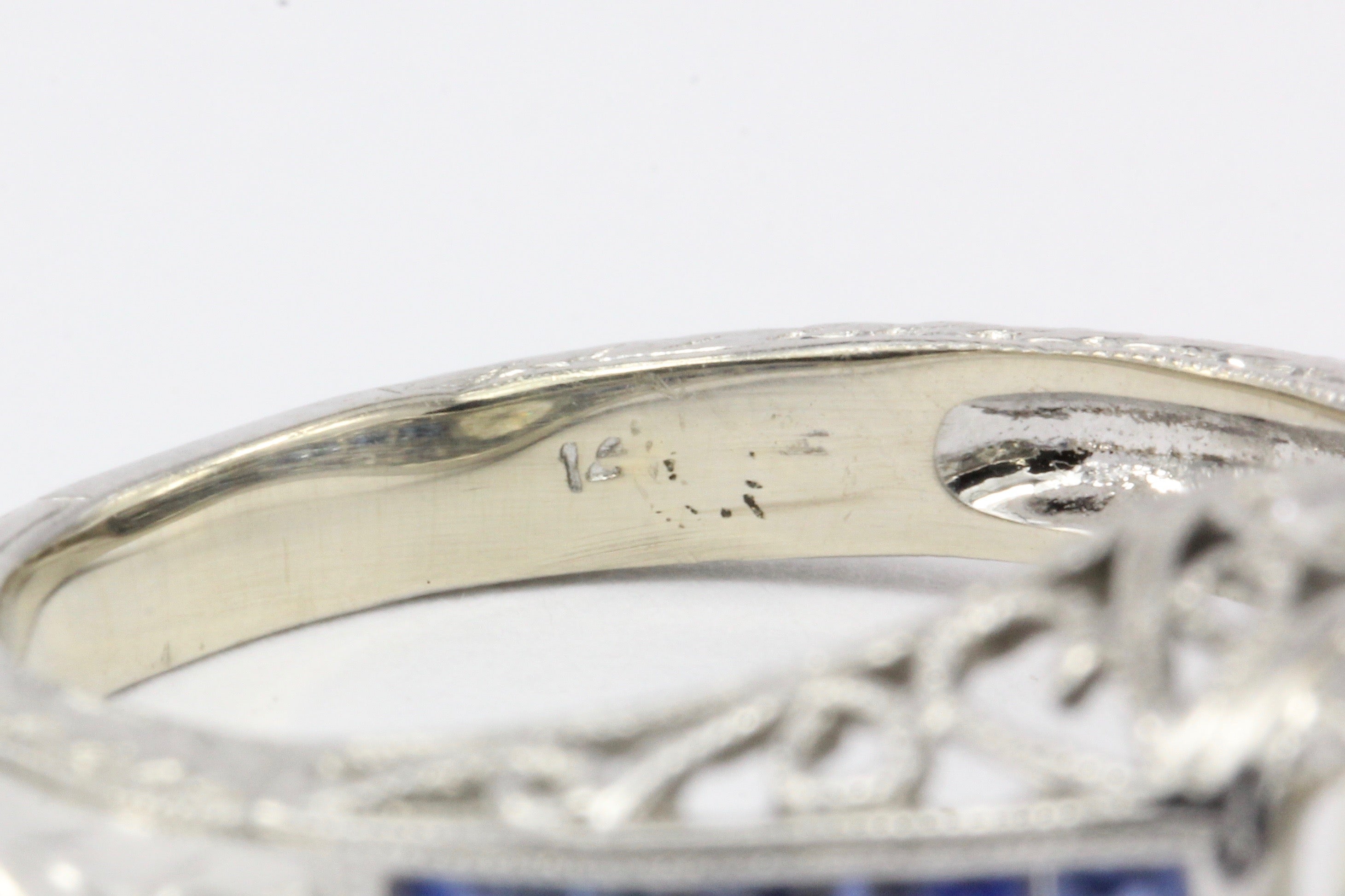 Art Deco Style 14K White Gold 1 Carat Diamond and Sapphire Ring Size 7 - Queen May