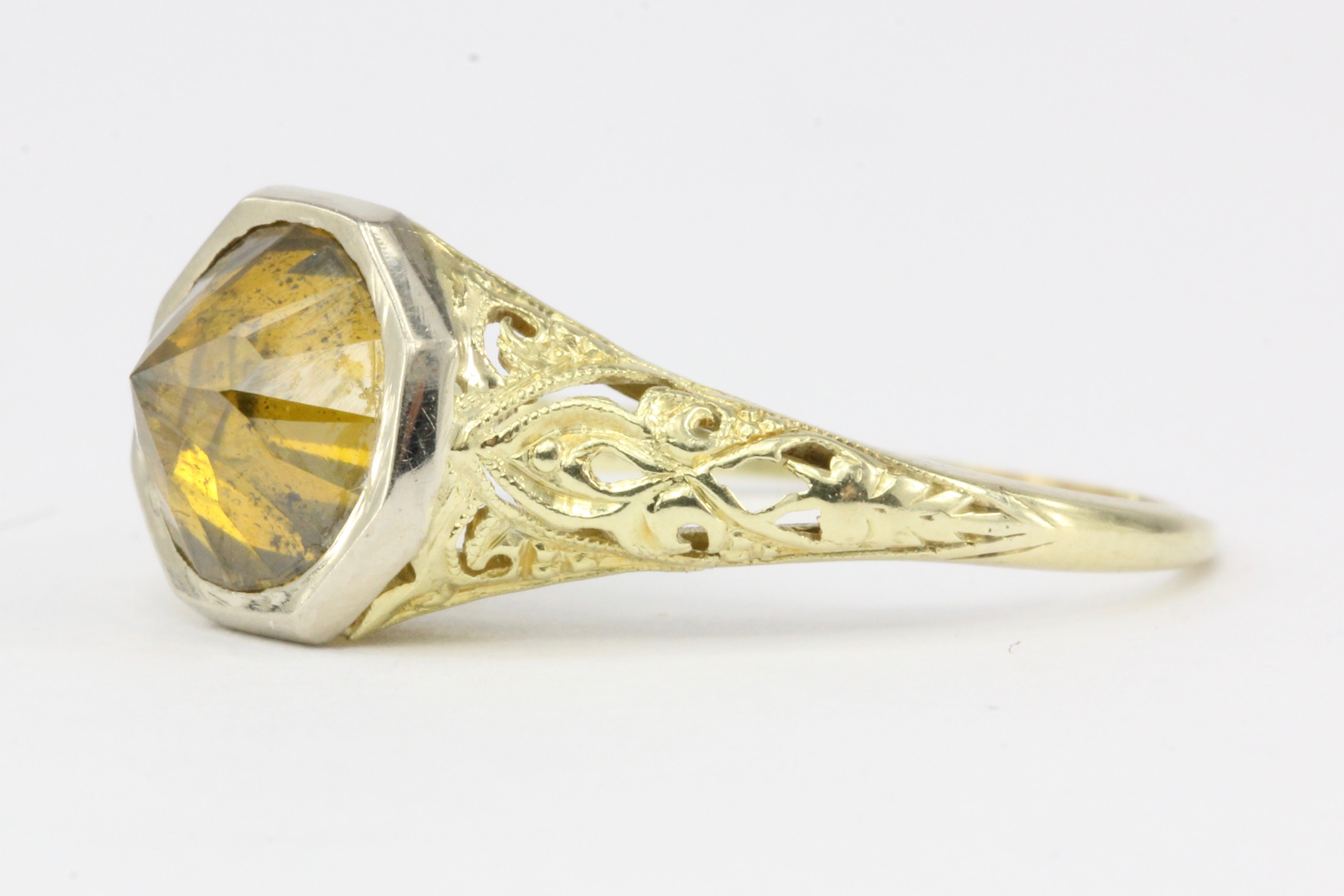 Platinum & 14K Yellow Gold Art Deco Setting with Upside Down Set 2 CT Fancy Yellow Orange Diamond Ring - Queen May