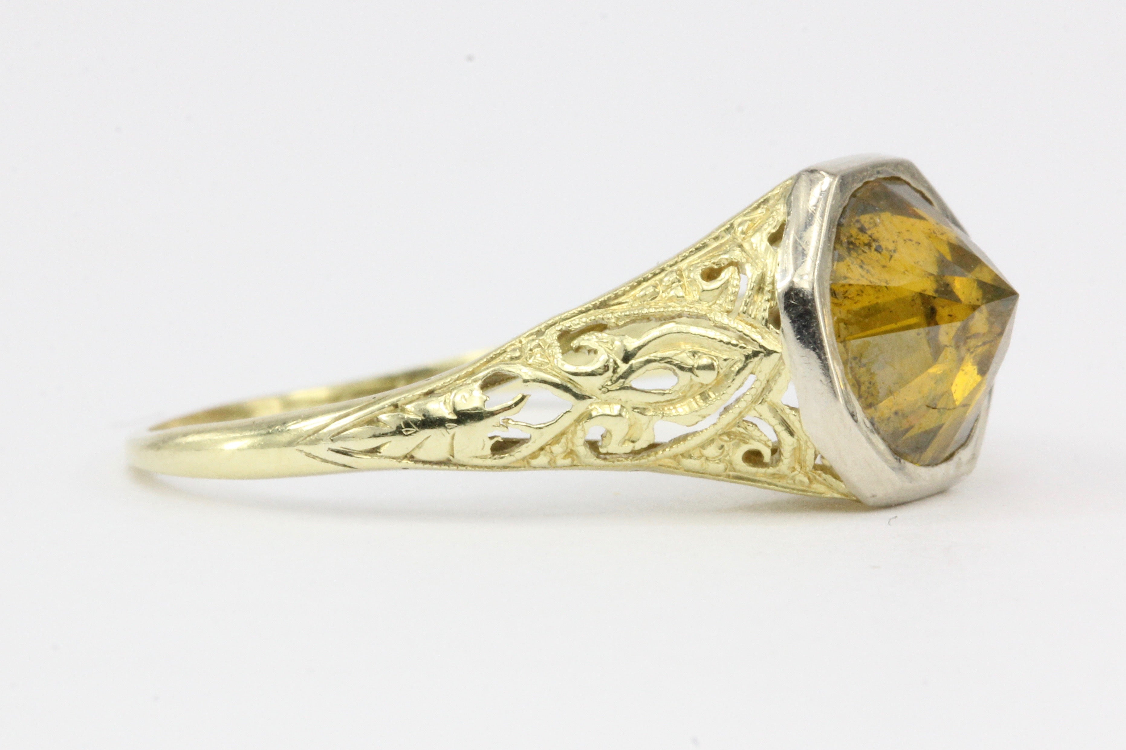 Platinum & 14K Yellow Gold Art Deco Setting with Upside Down Set 2 CT Fancy Yellow Orange Diamond Ring - Queen May