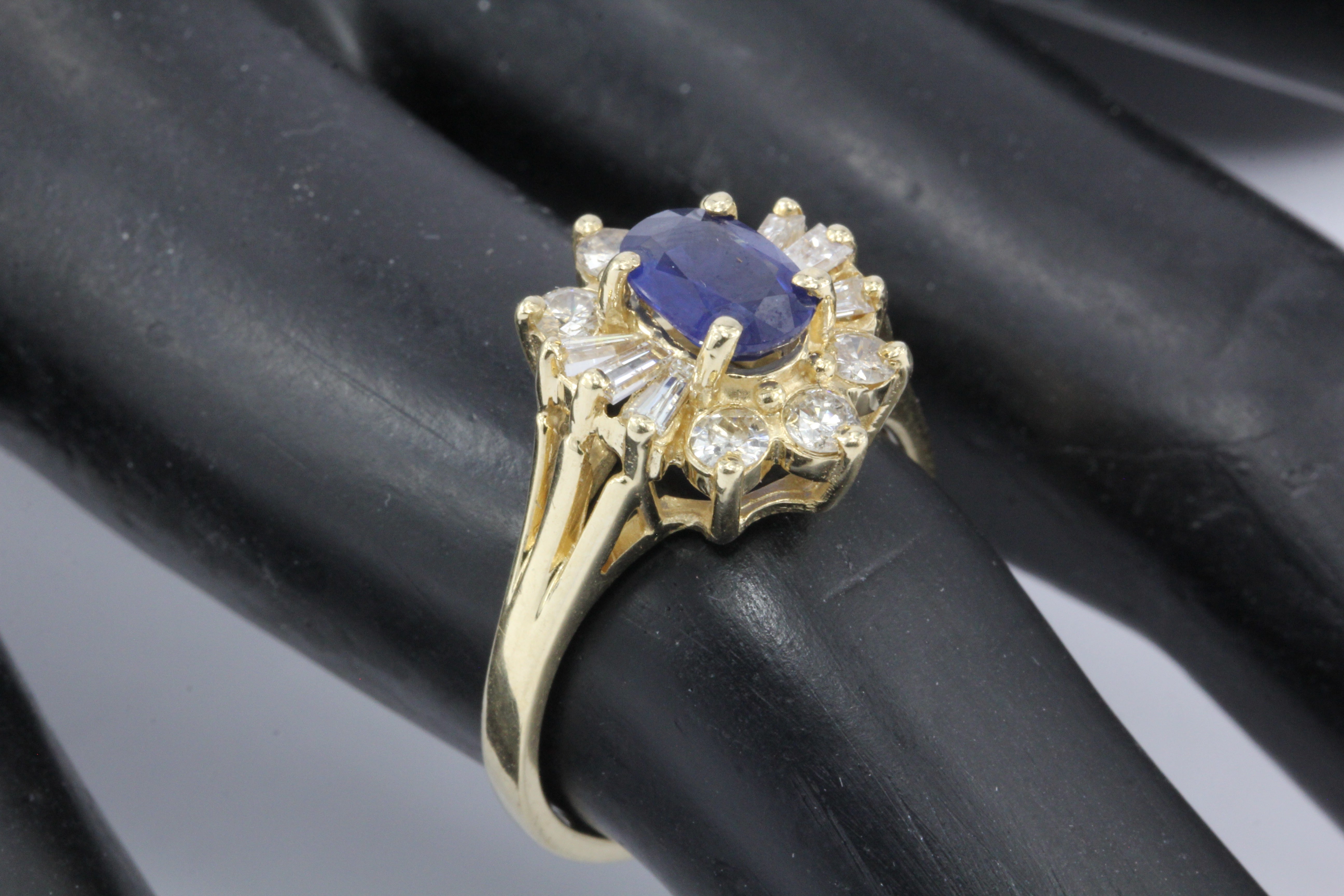 14K Yellow Gold .80 Carat Natural Sapphire and Diamond Halo Ring - Queen May