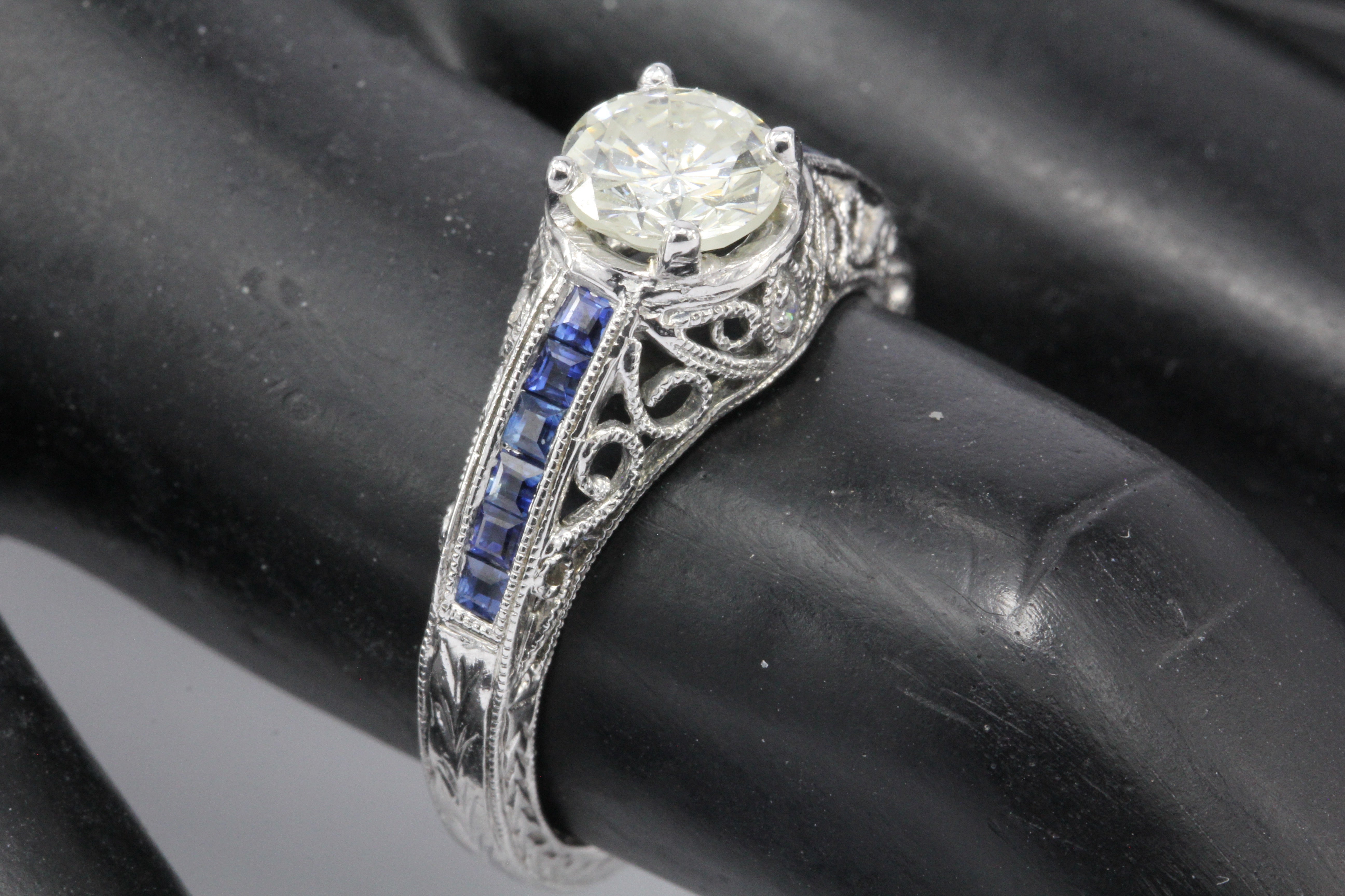 Art Deco Style 14K White Gold 1 Carat Diamond and Sapphire Ring Size 7 - Queen May