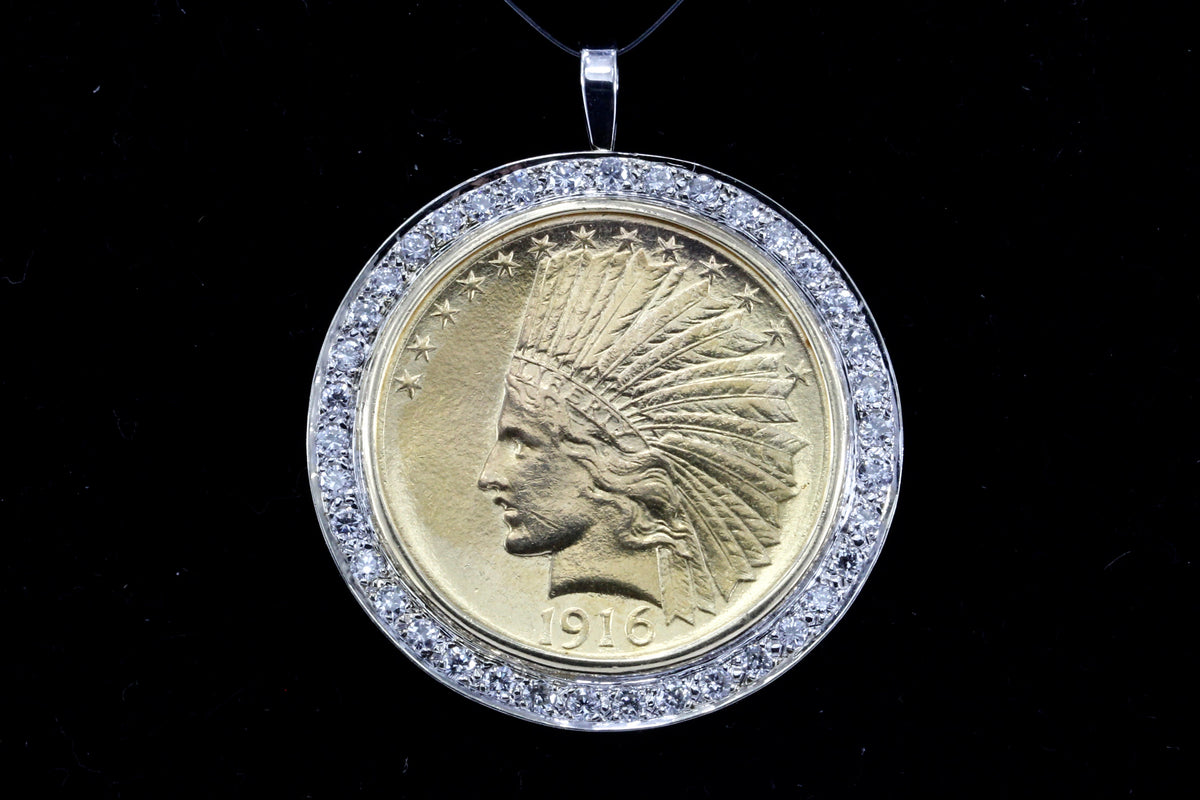 1916 Ten Dollar Gold Indian Head Coin Custom 14K White Gold and Diamond Bezel Pendant - Queen May