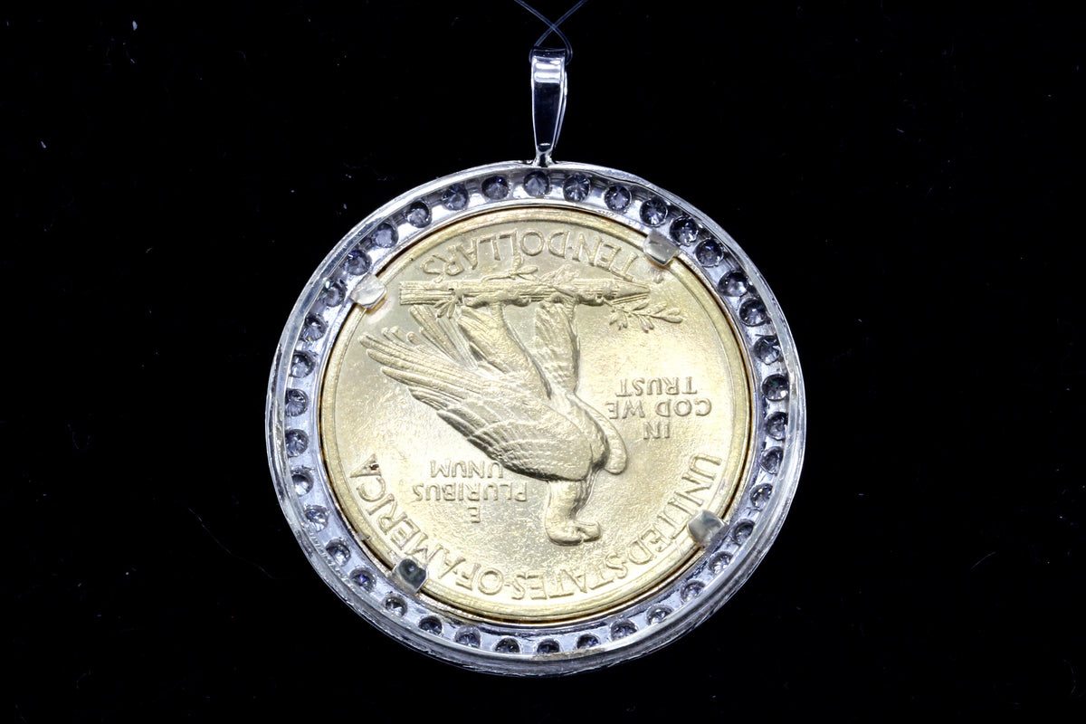 1916 Ten Dollar Gold Indian Head Coin Custom 14K White Gold and Diamond Bezel Pendant - Queen May