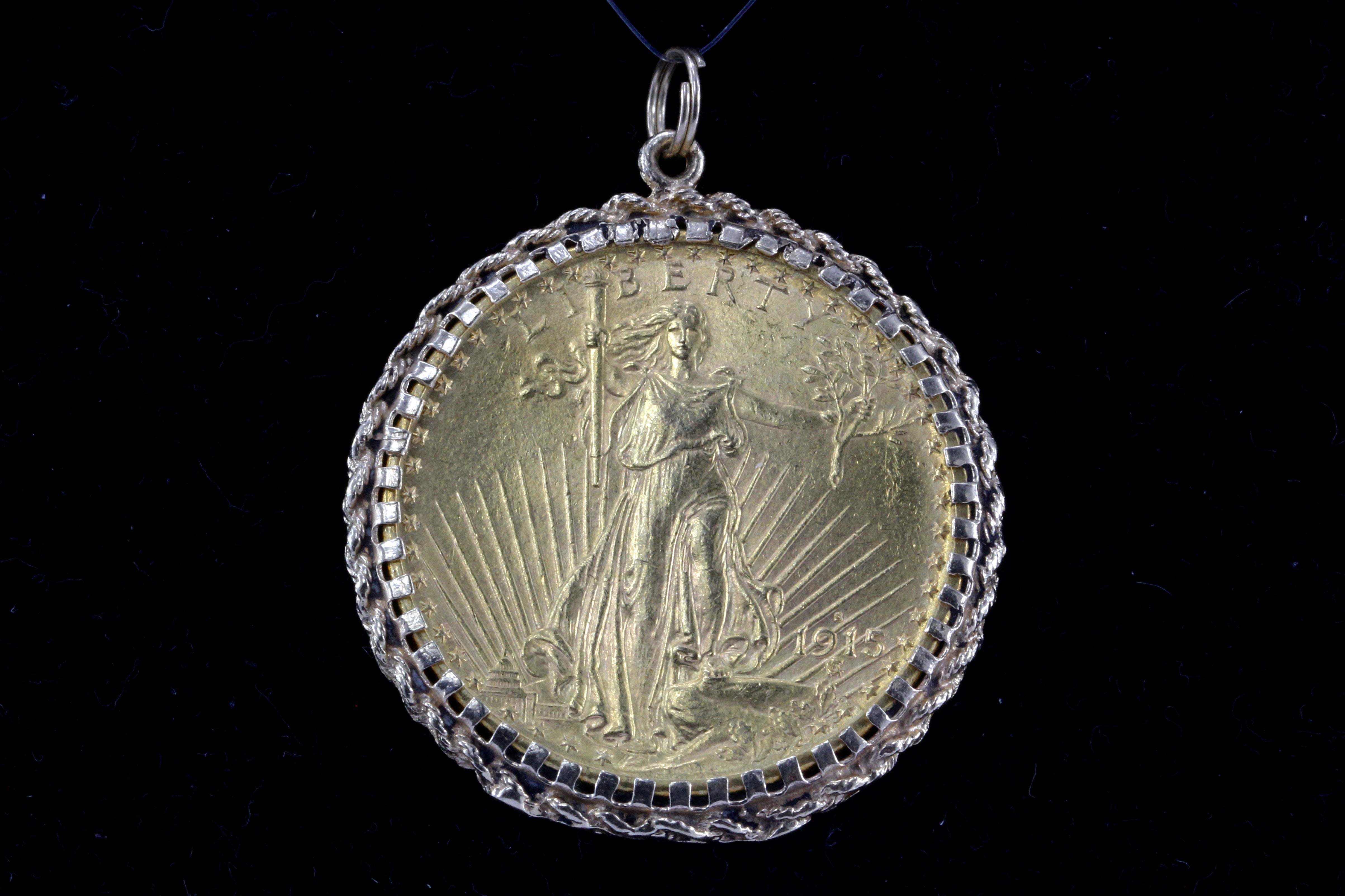 1915 Twenty Dollar Gold St. Gaudens Double Eagle Coin in Custom 14K Yellow Gold Bezel - Queen May