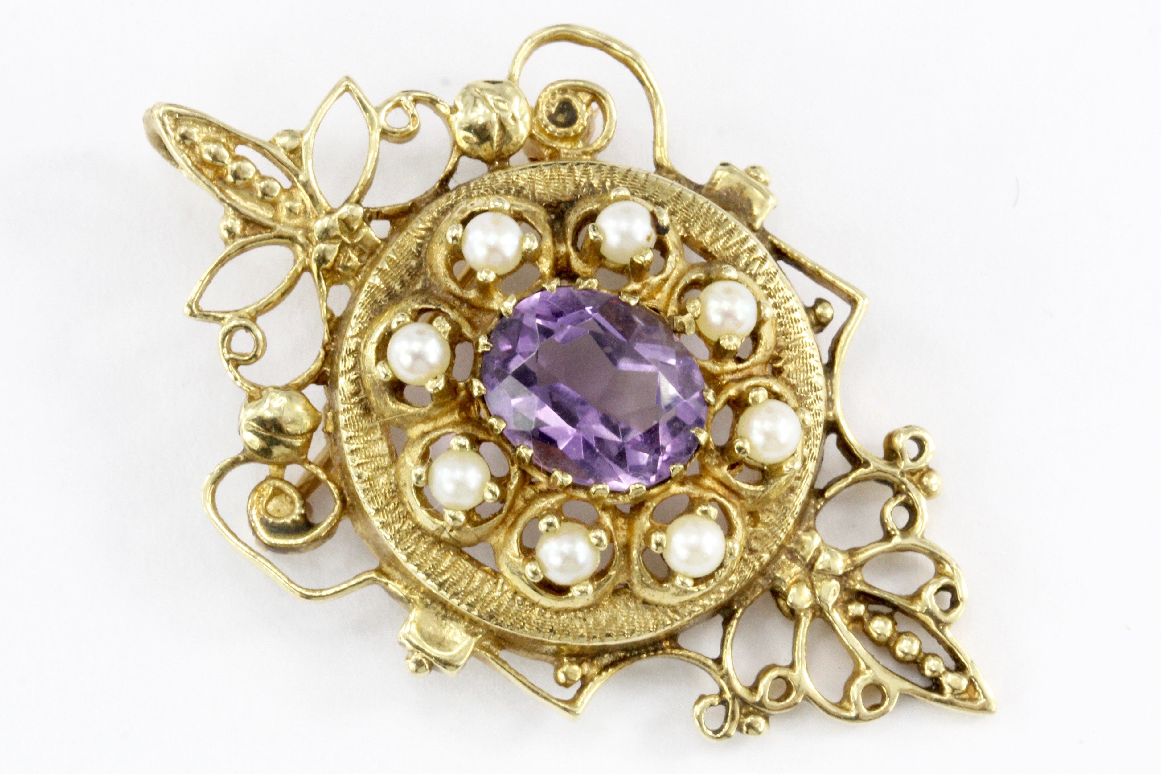 Victorian Revival 14K Yellow Gold 3 Carat Amethyst and Pearl Brooch Pendant - Queen May