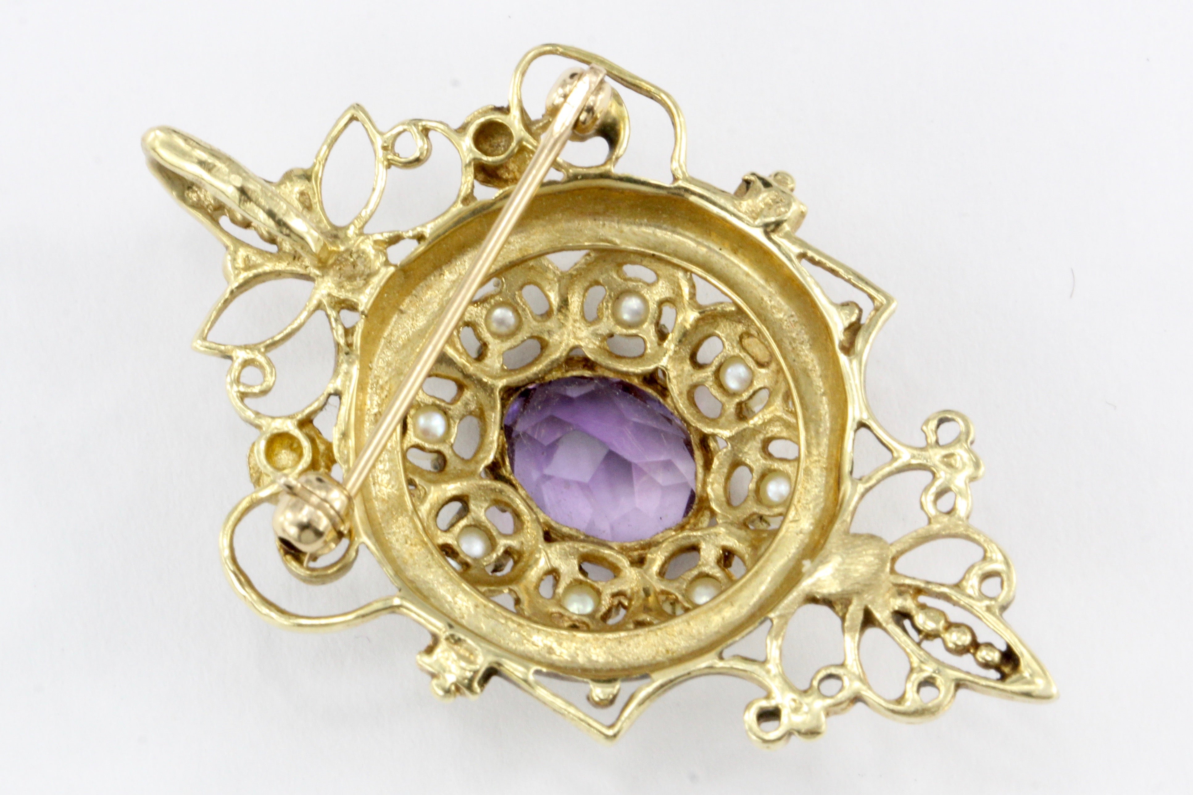 Victorian Revival 14K Yellow Gold 3 Carat Amethyst and Pearl Brooch Pendant - Queen May