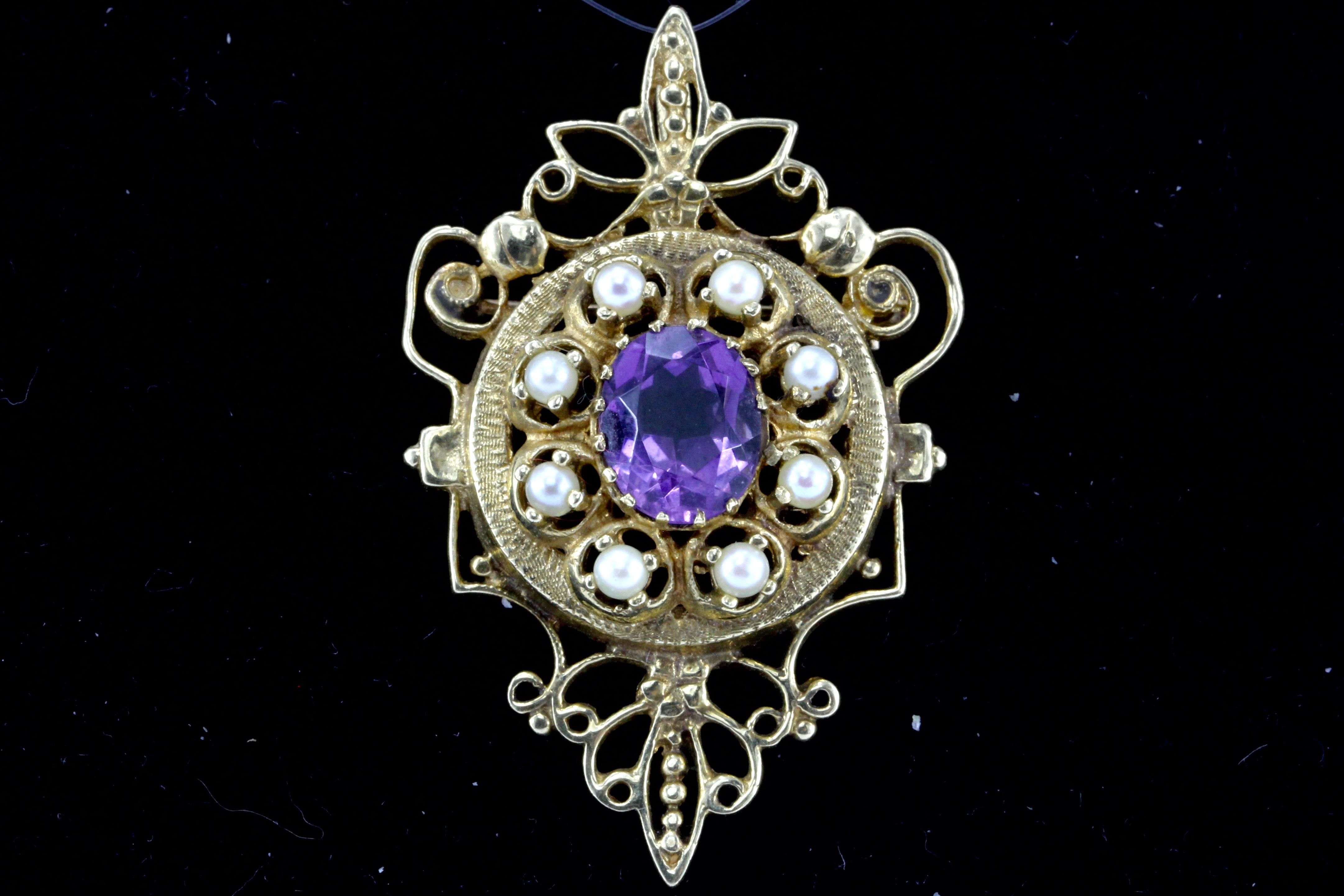 Victorian Revival 14K Yellow Gold 3 Carat Amethyst and Pearl Brooch Pendant - Queen May