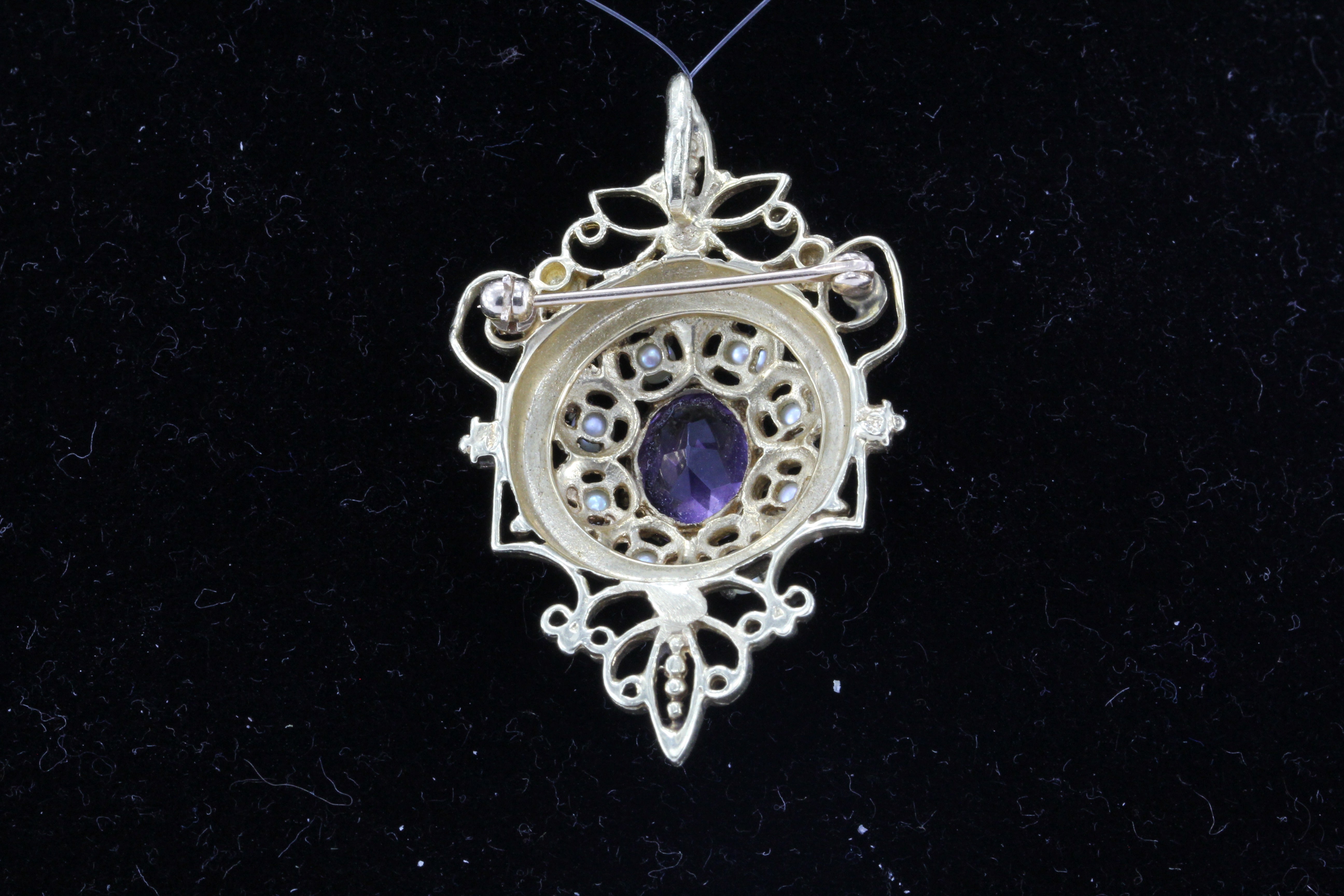 Victorian Revival 14K Yellow Gold 3 Carat Amethyst and Pearl Brooch Pendant - Queen May
