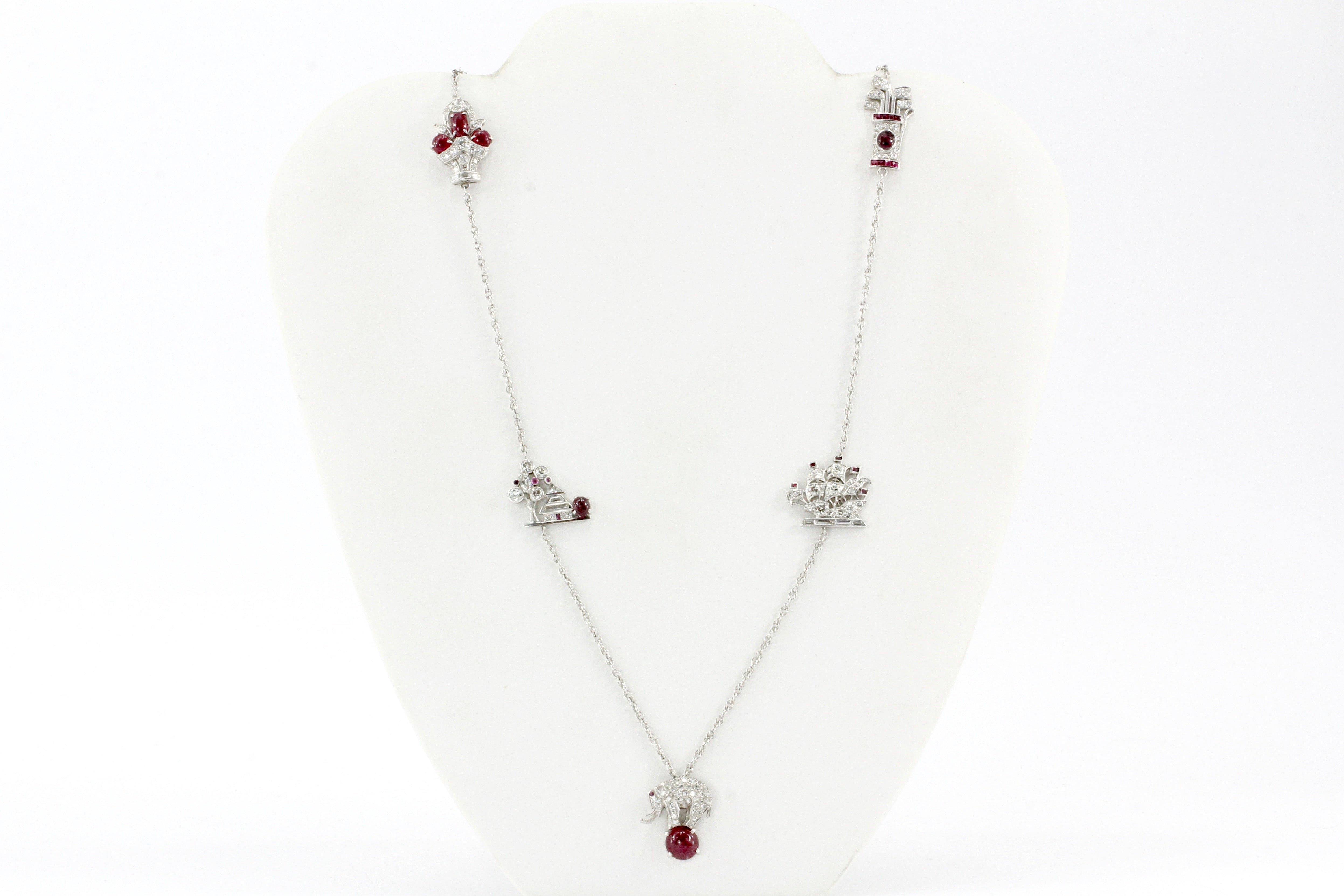 Art Deco White Gold & Platinum Diamond & Ruby Station Necklace c.1920's - Queen May