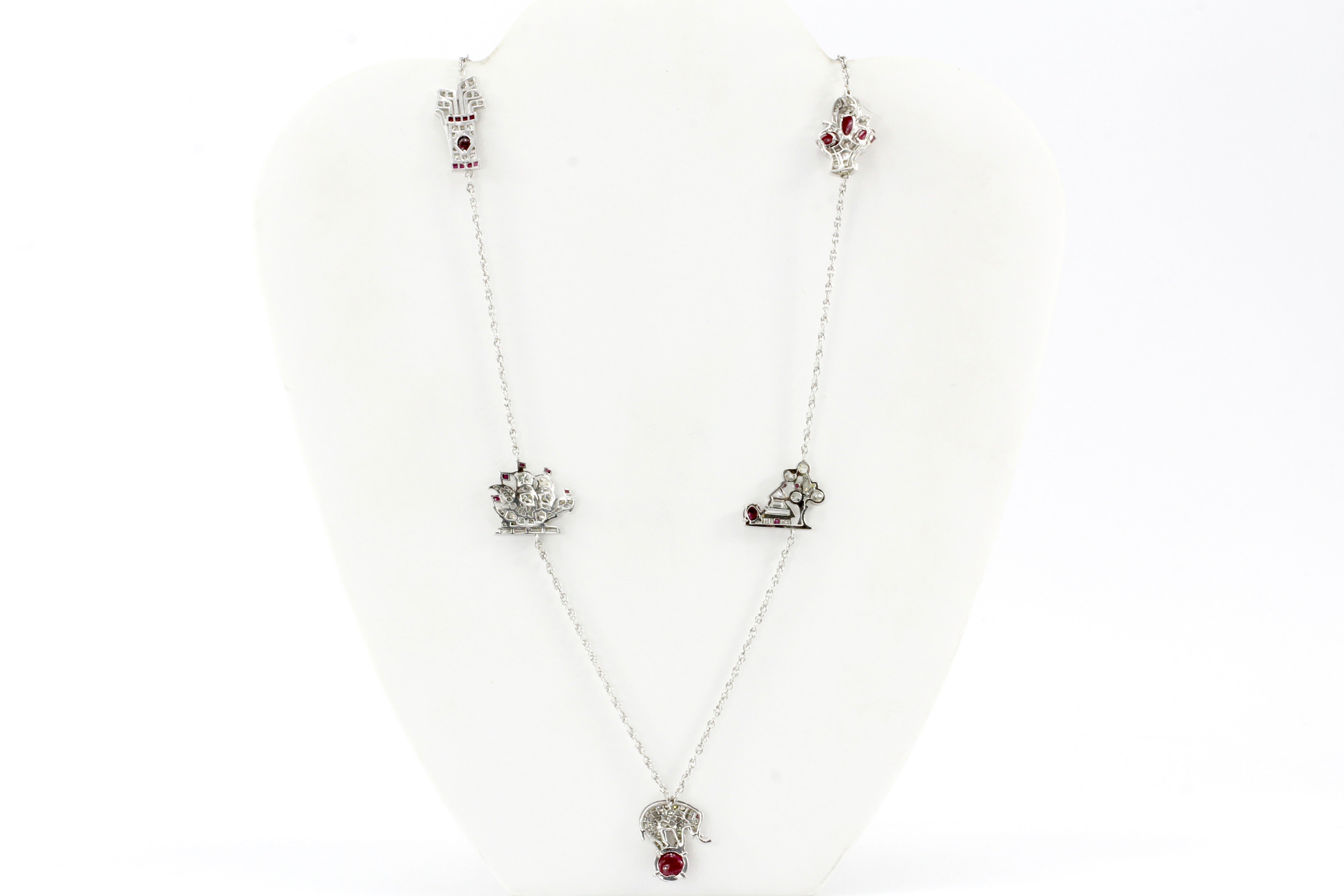 Art Deco White Gold & Platinum Diamond & Ruby Station Necklace c.1920's - Queen May