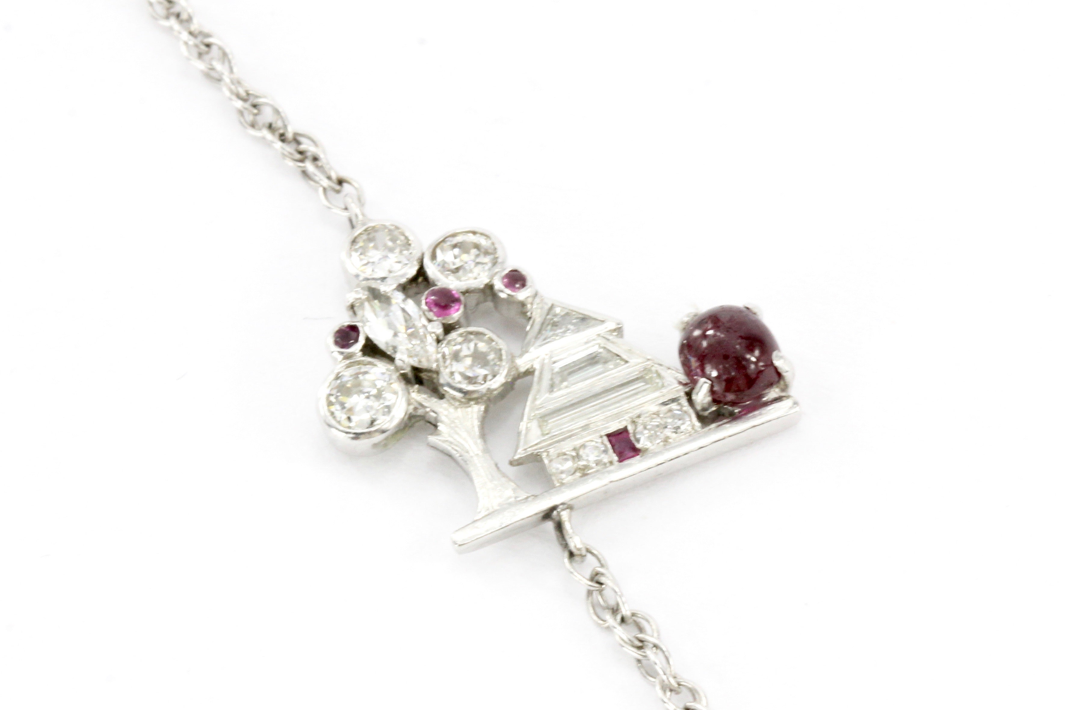 Art Deco White Gold & Platinum Diamond & Ruby Station Necklace c.1920's - Queen May