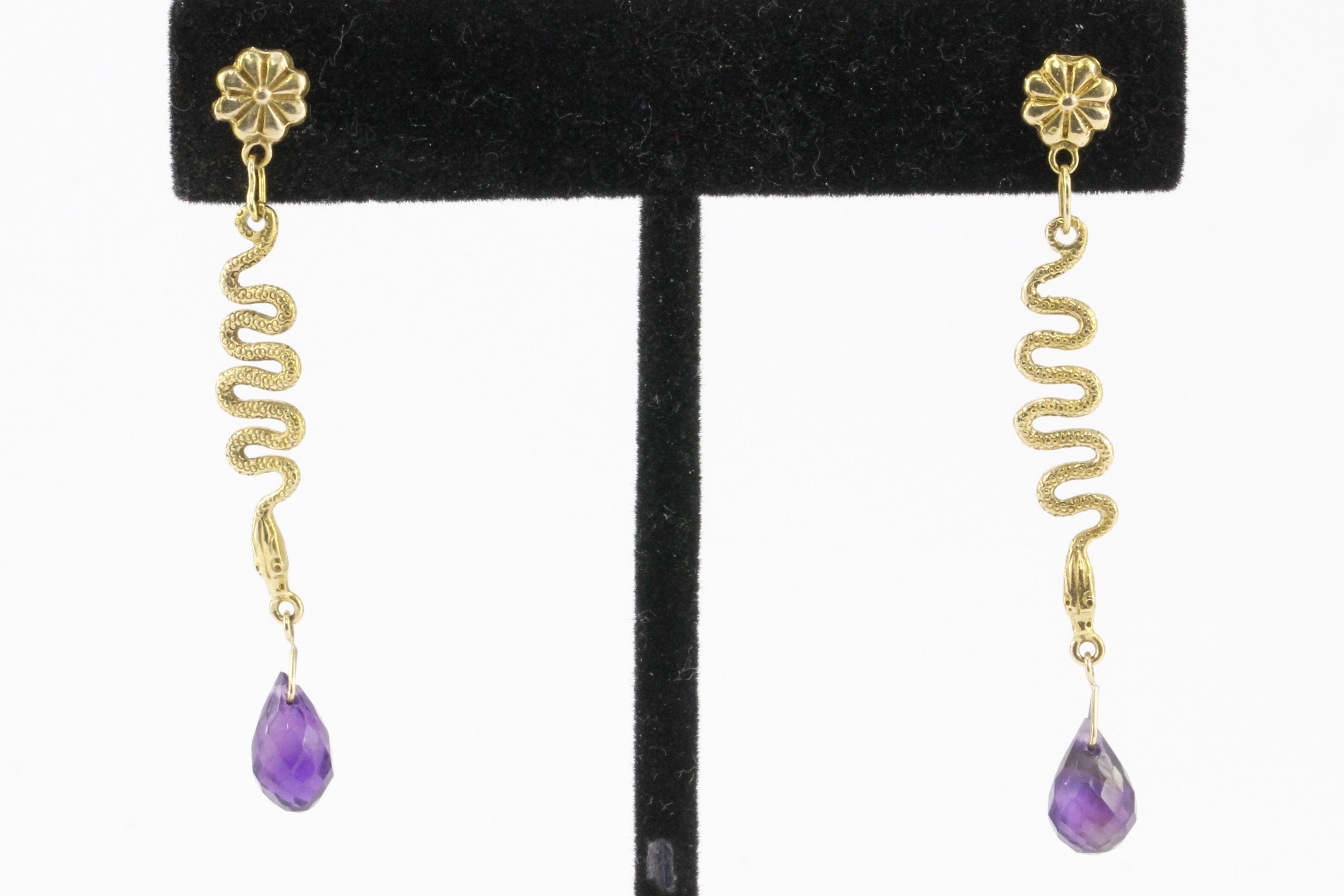 14K Yellow Gold Snake and Amethyst Briolette Post Earrings - Queen May