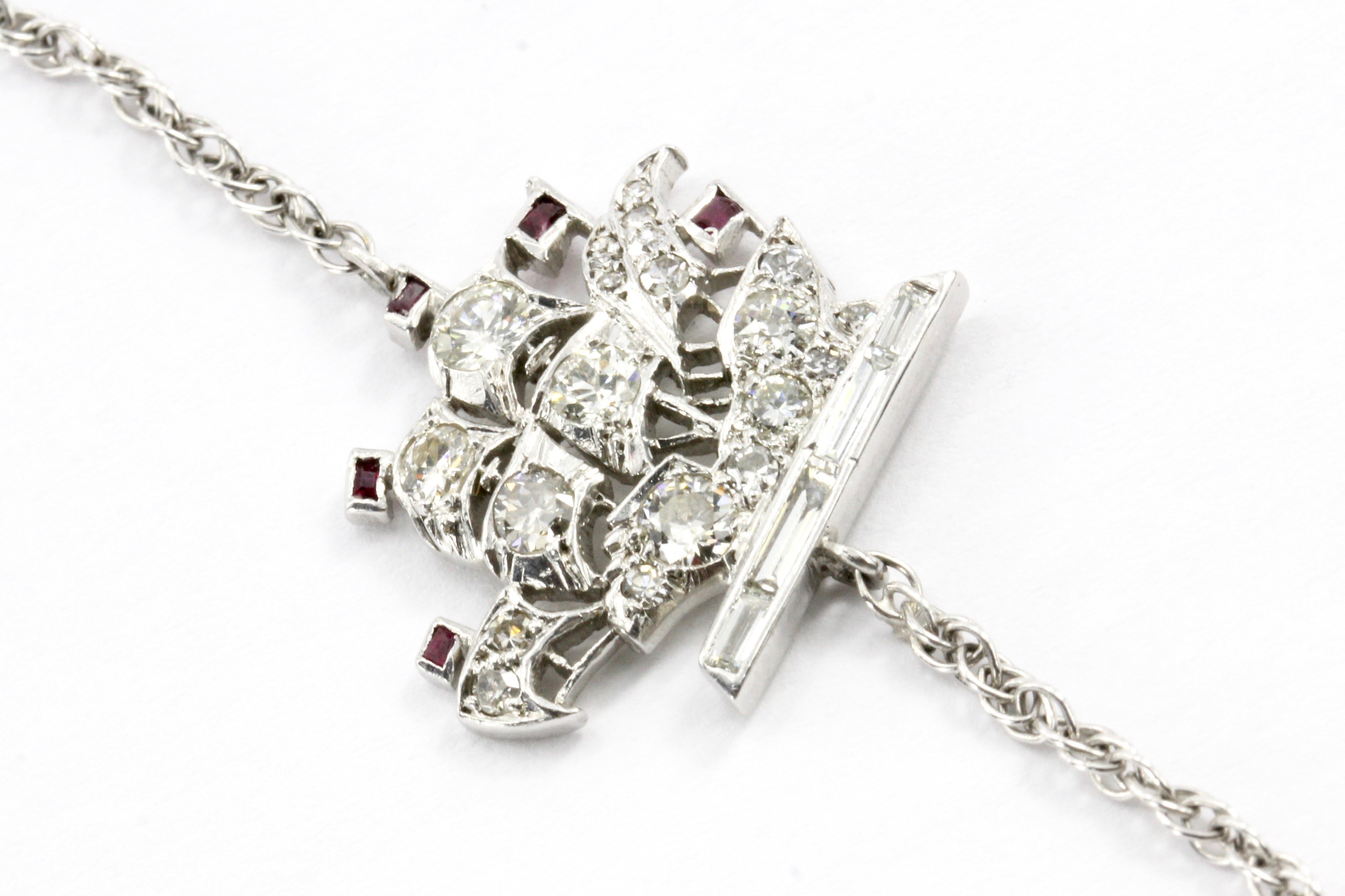 Art Deco White Gold & Platinum Diamond & Ruby Station Necklace c.1920's - Queen May