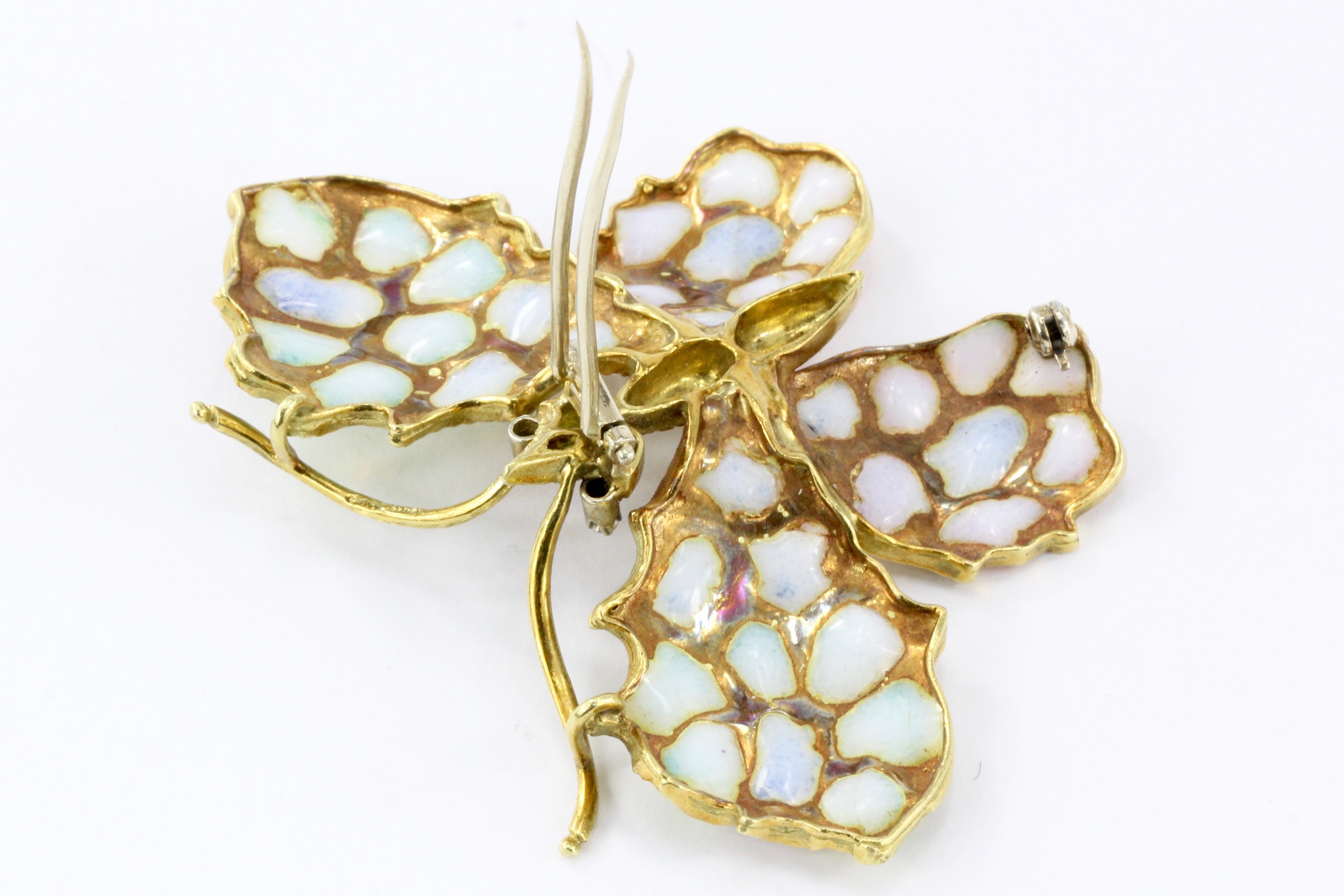 Retro Art Nouveau Revival 18K Yellow Gold Plique a Jour Enamel Butterfly Brooch - Queen May
