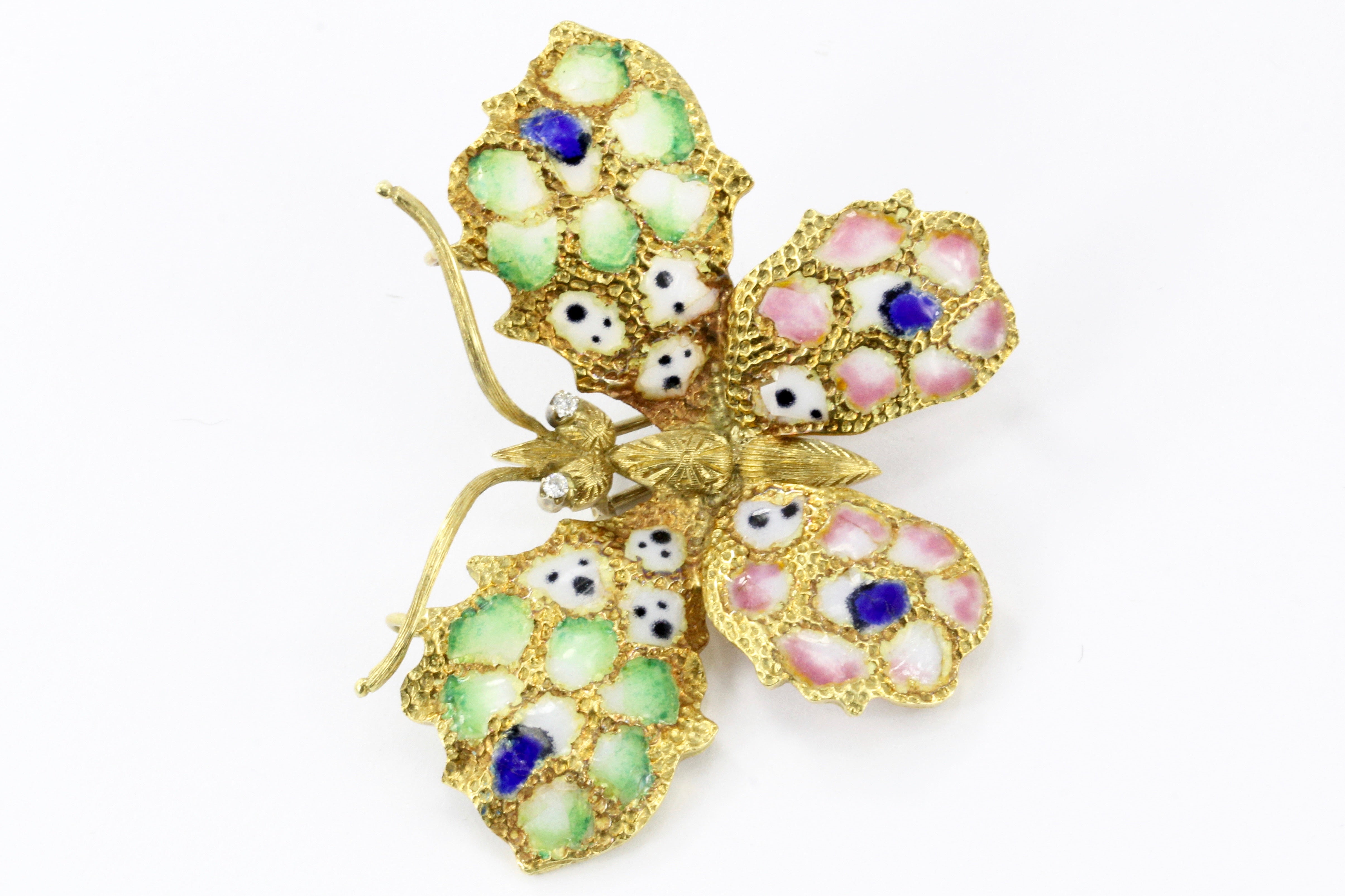 Retro Art Nouveau Revival 18K Yellow Gold Plique a Jour Enamel Butterfly Brooch - Queen May