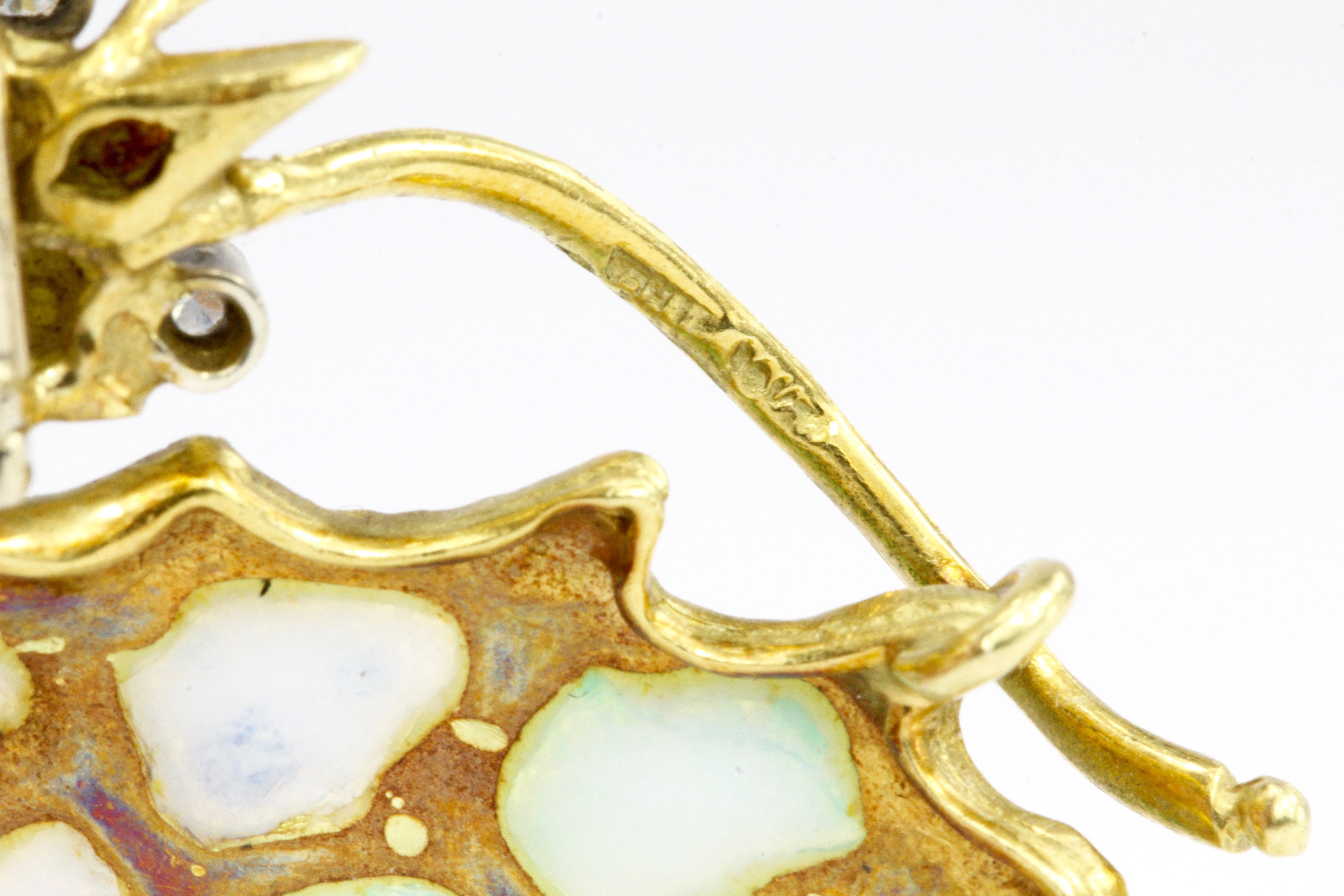 Retro Art Nouveau Revival 18K Yellow Gold Plique a Jour Enamel Butterfly Brooch - Queen May