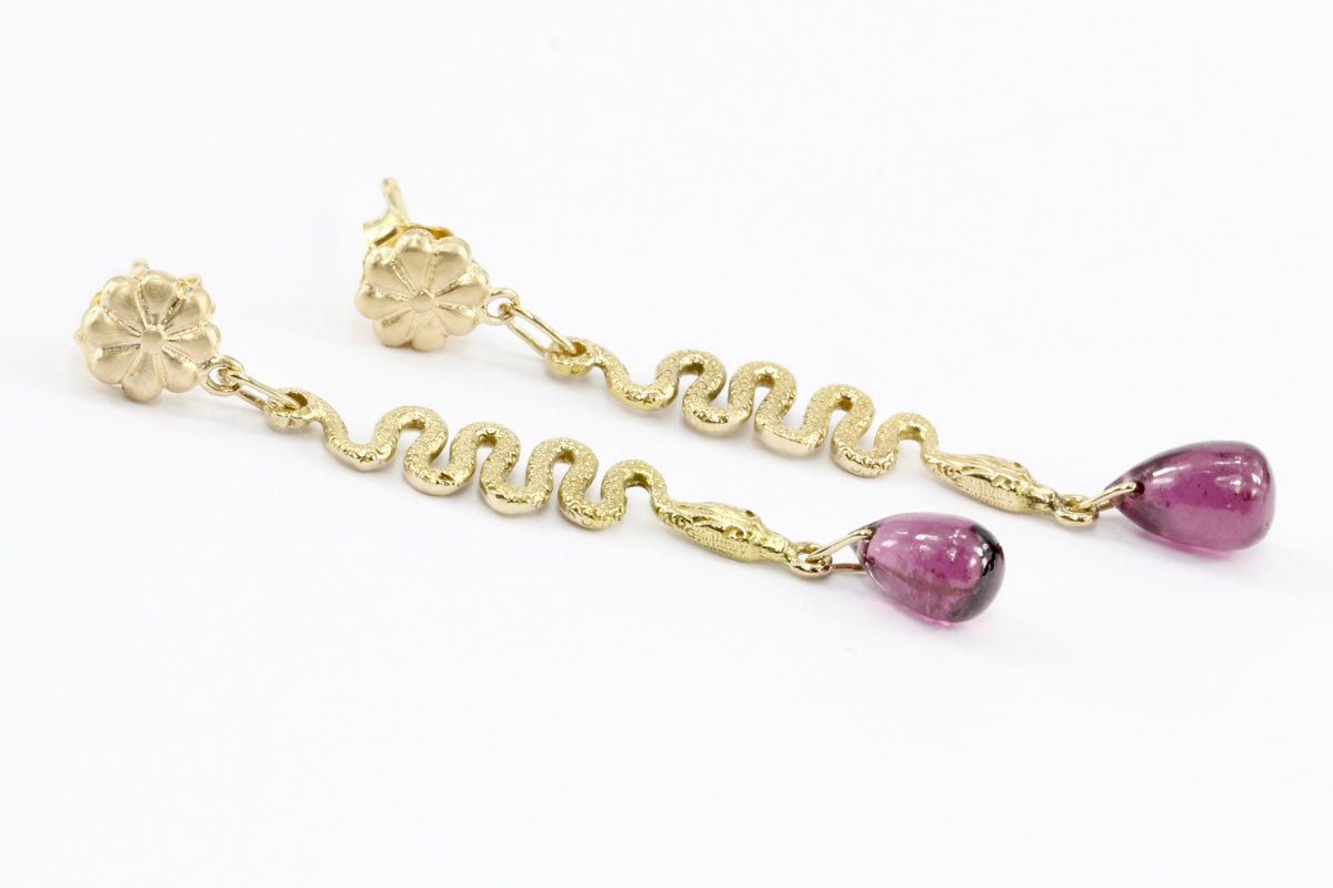 14K Yellow Gold Snake and Rhodolite Garnet Teardrop Post Earrings - Queen May