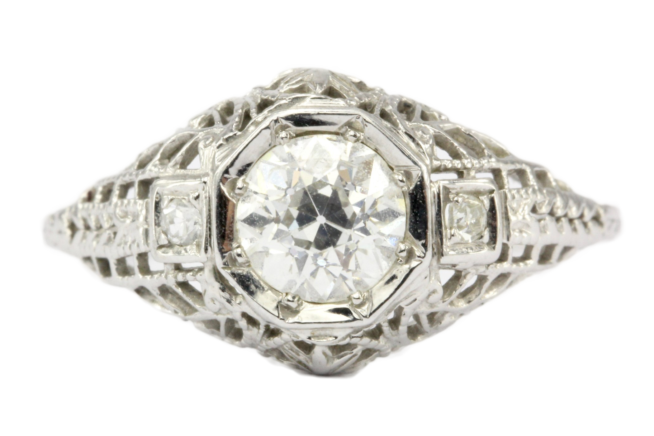 Art Deco 18K White Gold .80 CT Old European Cut Diamond Engagement Ring - Queen May