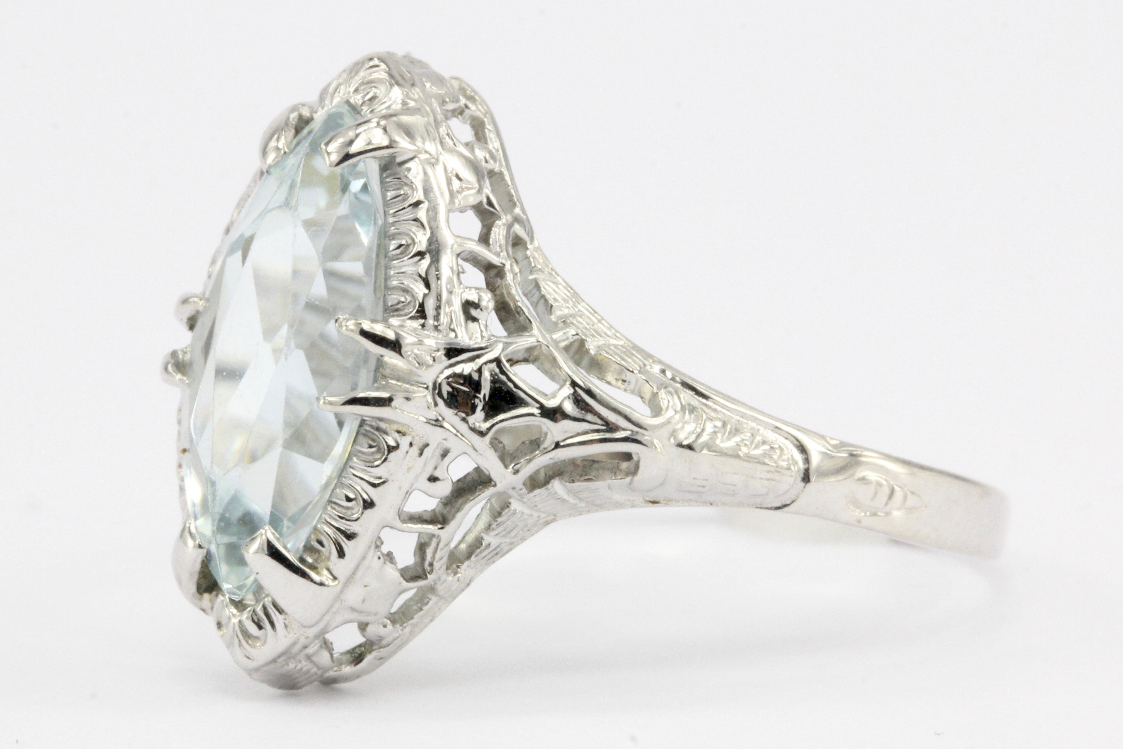 Art Deco 14K White Gold Aquamarine Ring Size 7.5 - Queen May
