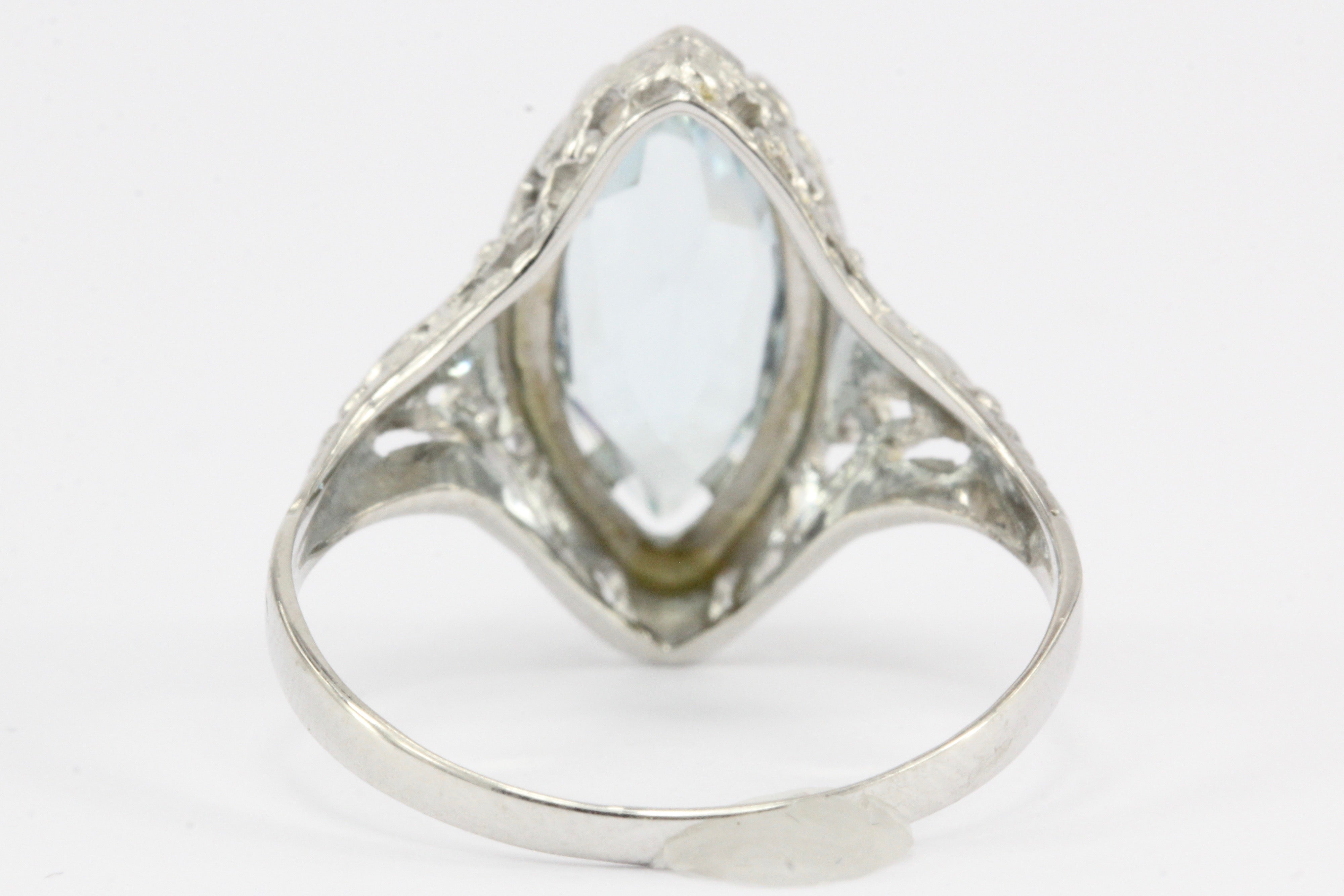 Art Deco 14K White Gold Aquamarine Ring Size 7.5 - Queen May