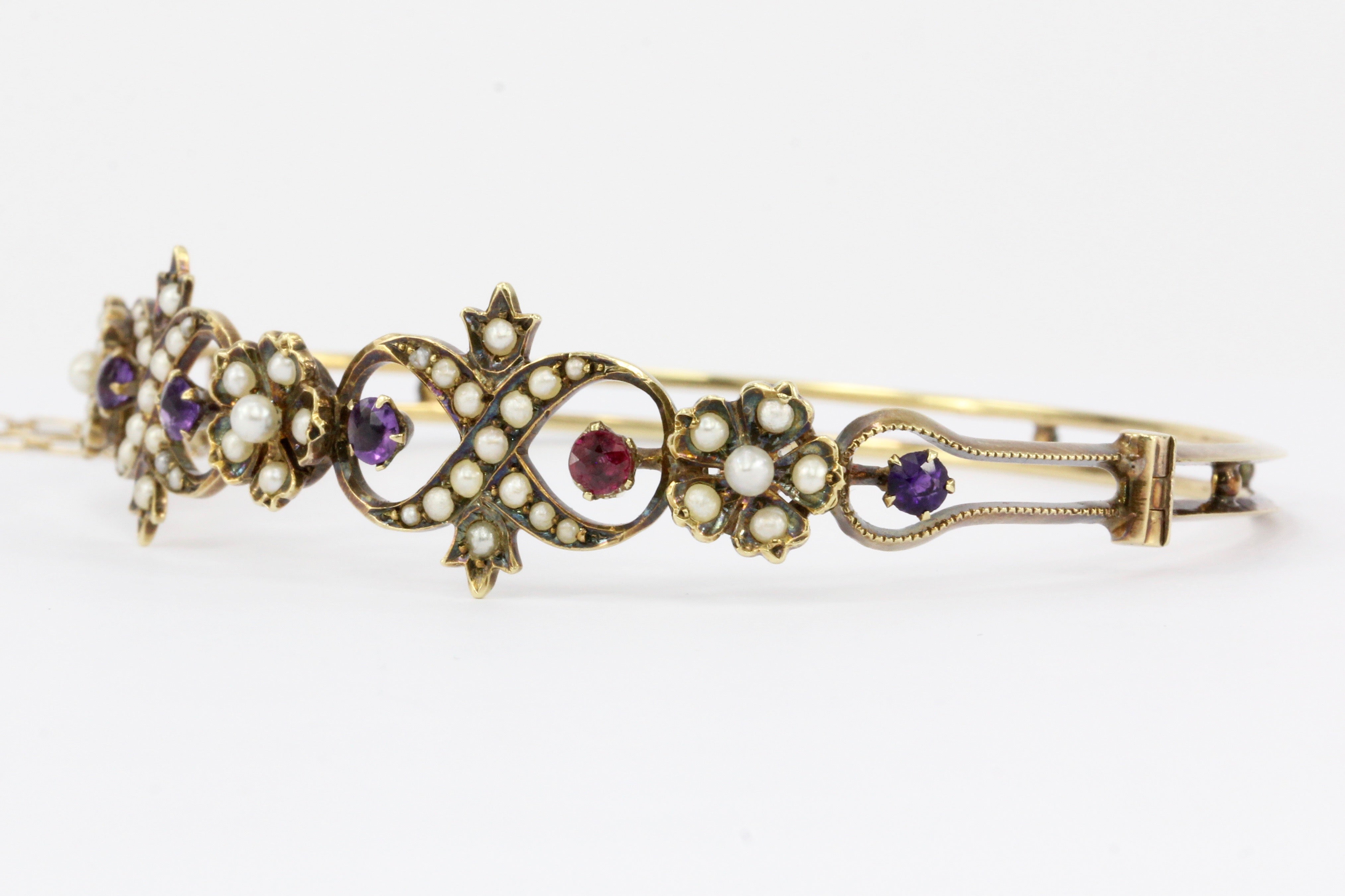 Victorian 14K Yellow Gold Amethyst Ruby & Seed Pearl Bangle Bracelet - Queen May