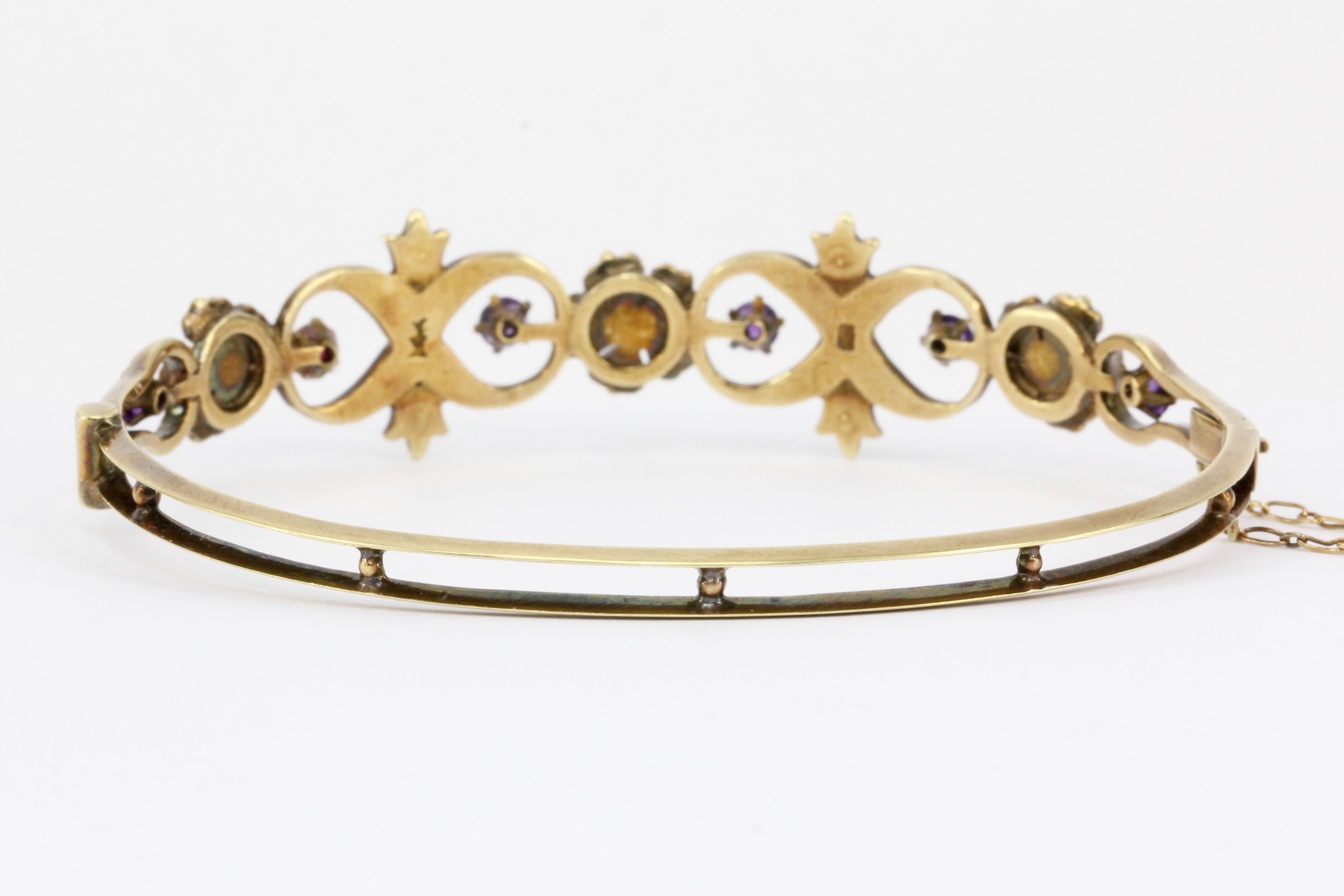 Victorian 14K Yellow Gold Amethyst Ruby & Seed Pearl Bangle Bracelet - Queen May