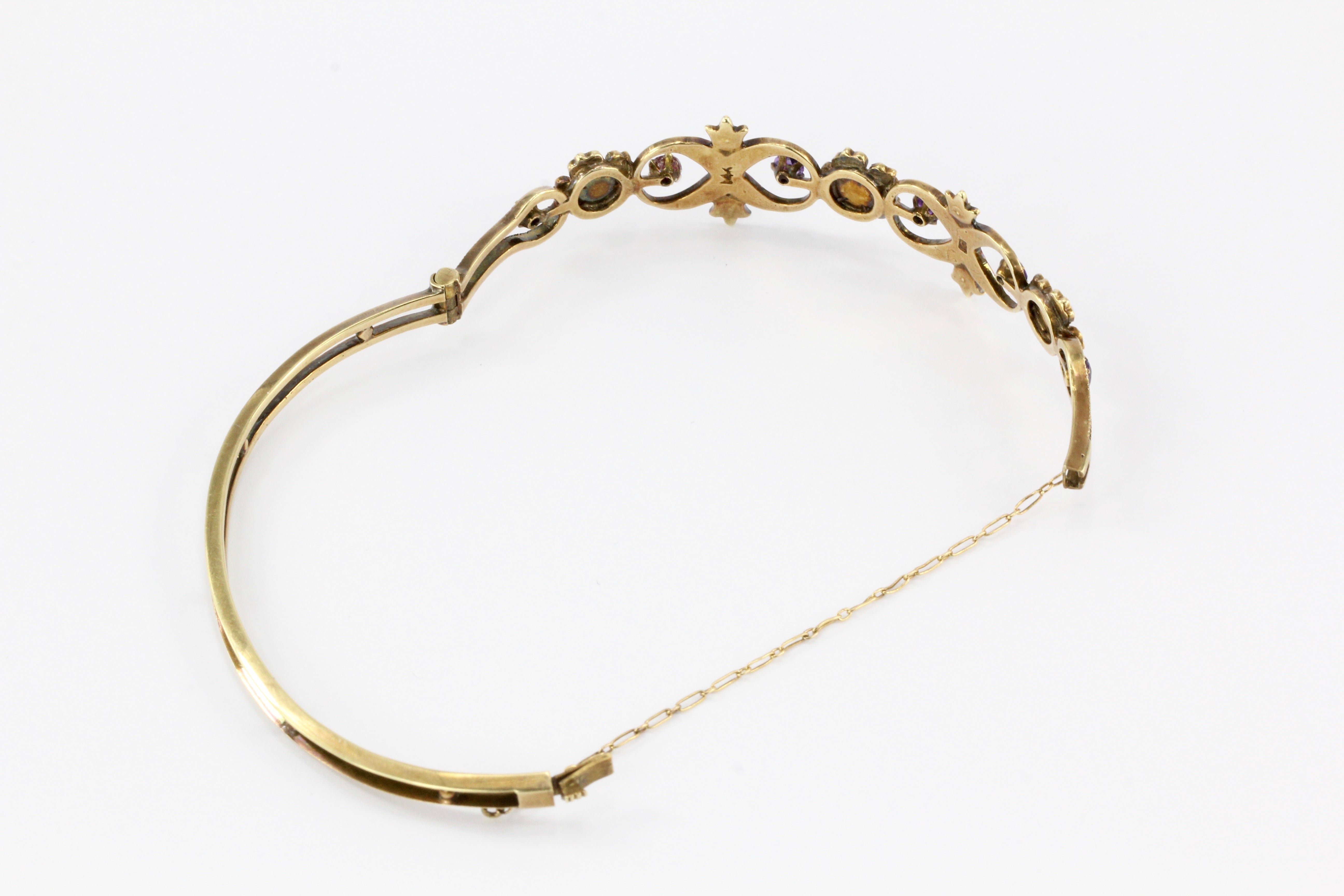 Victorian 14K Yellow Gold Amethyst Ruby & Seed Pearl Bangle Bracelet - Queen May