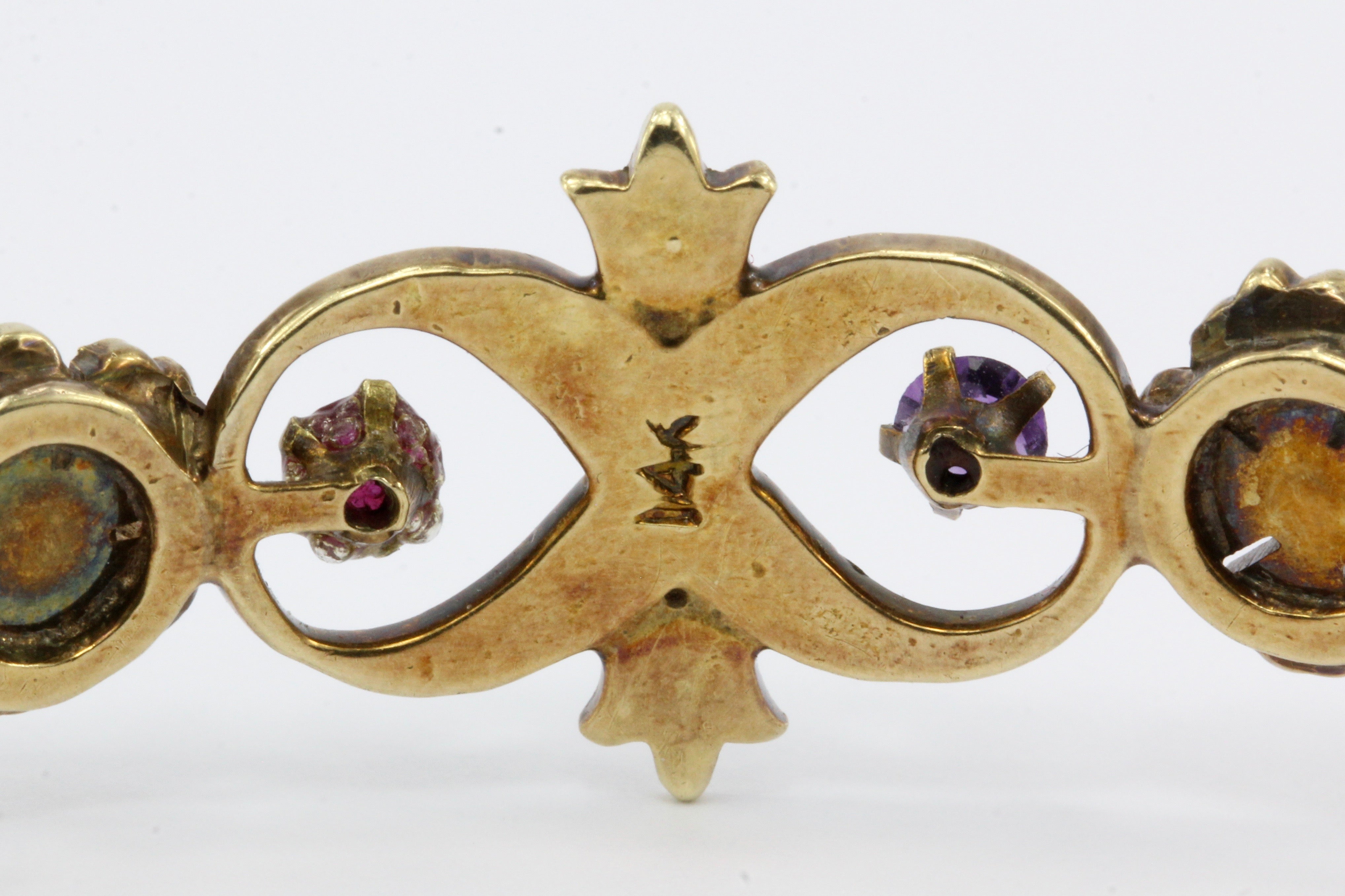 Victorian 14K Yellow Gold Amethyst Ruby & Seed Pearl Bangle Bracelet - Queen May