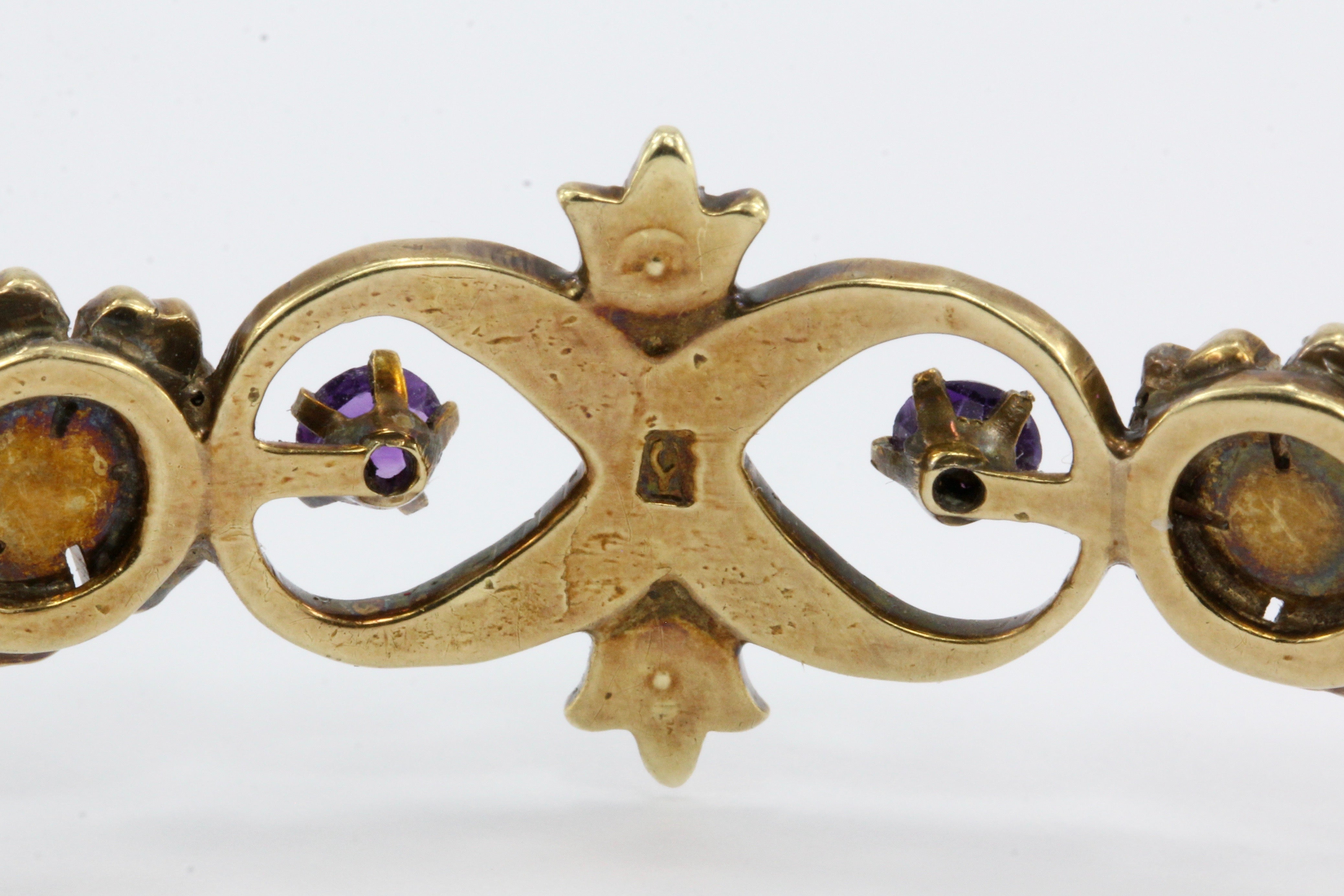 Victorian 14K Yellow Gold Amethyst Ruby & Seed Pearl Bangle Bracelet - Queen May