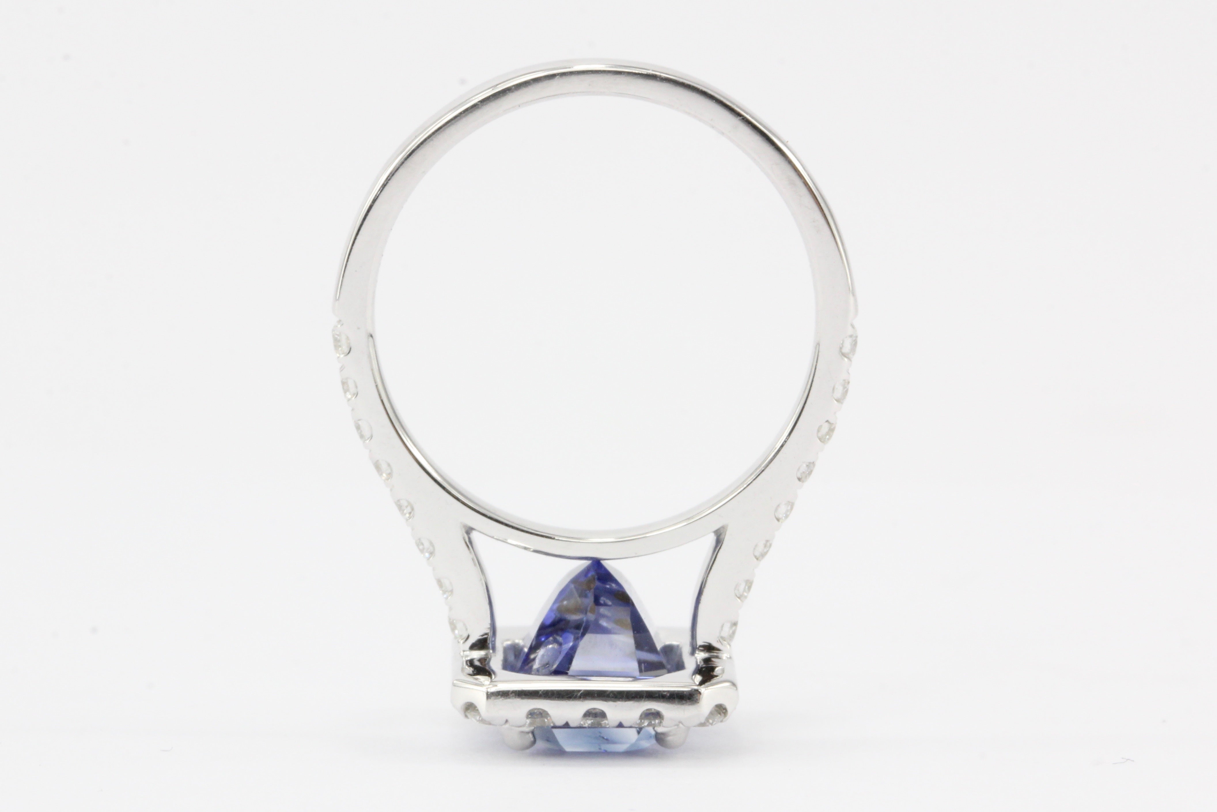 14K White Gold 3.97 Carat Natural Blue Sapphire and Diamond Halo Ring - Queen May